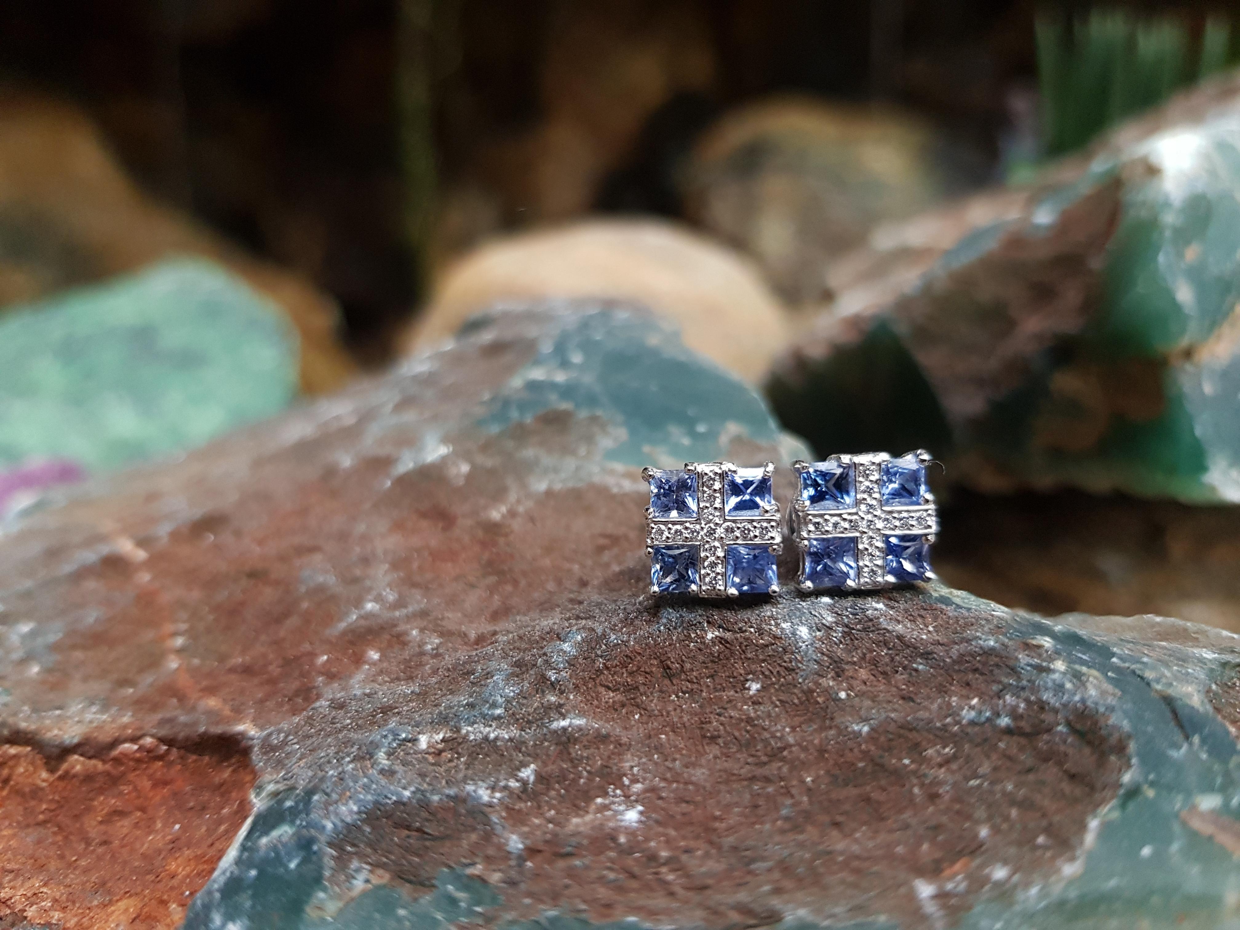 Princess Cut Blue Sapphire with Diamond Earrings Set in 18 Karat White Gold Settings For Sale