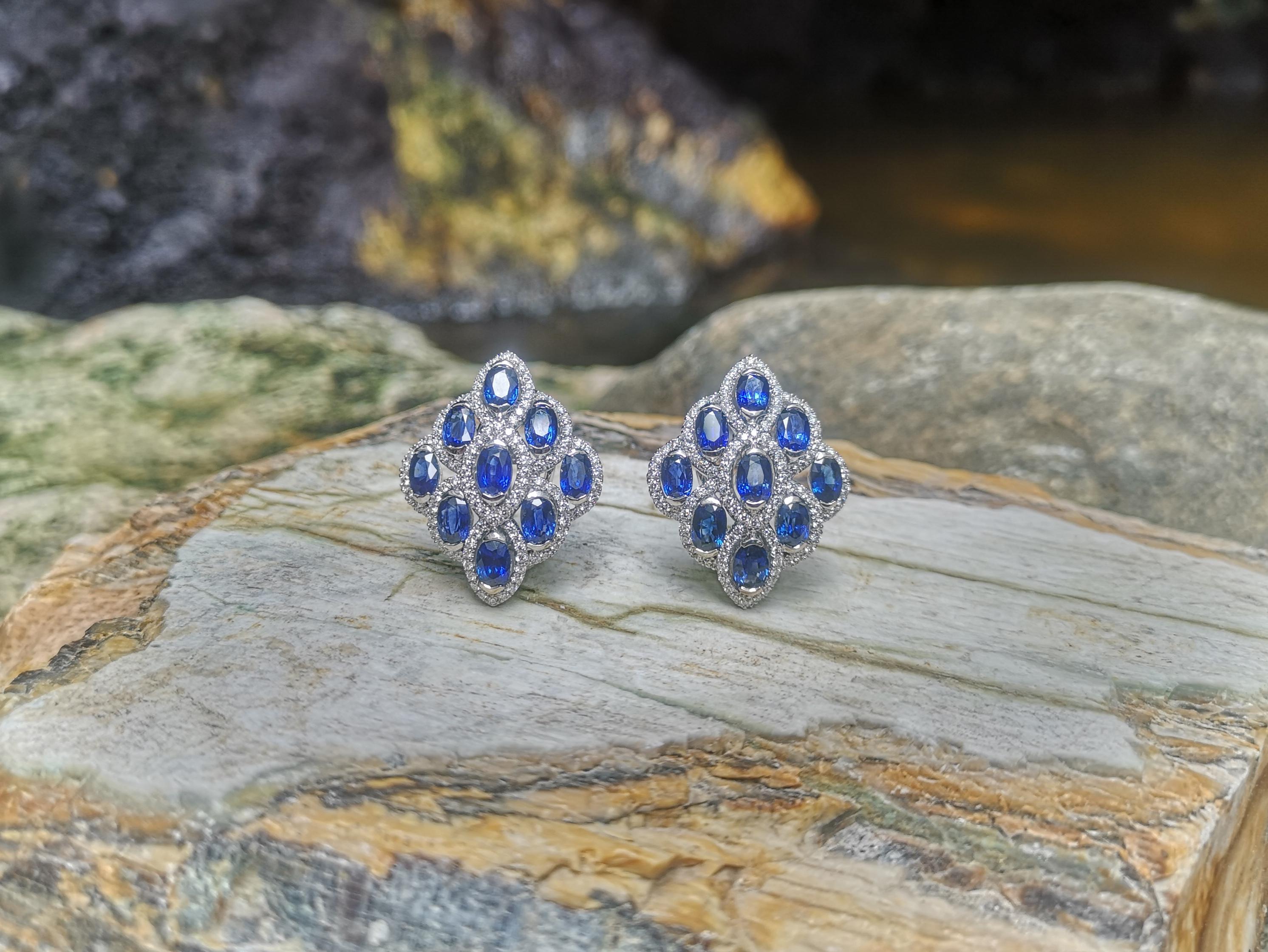 Contemporary Blue Sapphire with Diamond Earrings set in 18 Karat White Gold Settings For Sale