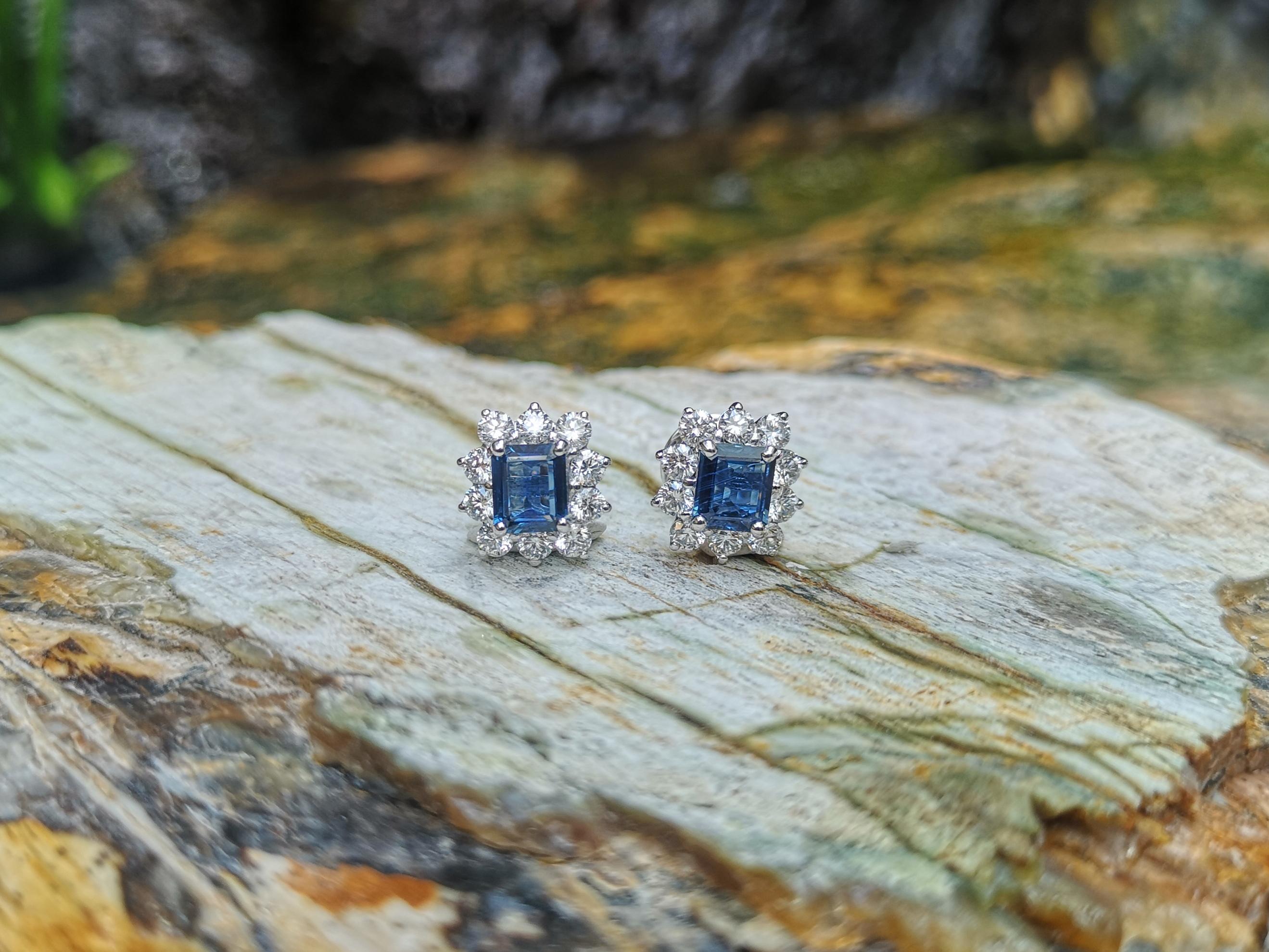 Contemporary Blue Sapphire with Diamond Earrings Set in 18 Karat White Gold Settings