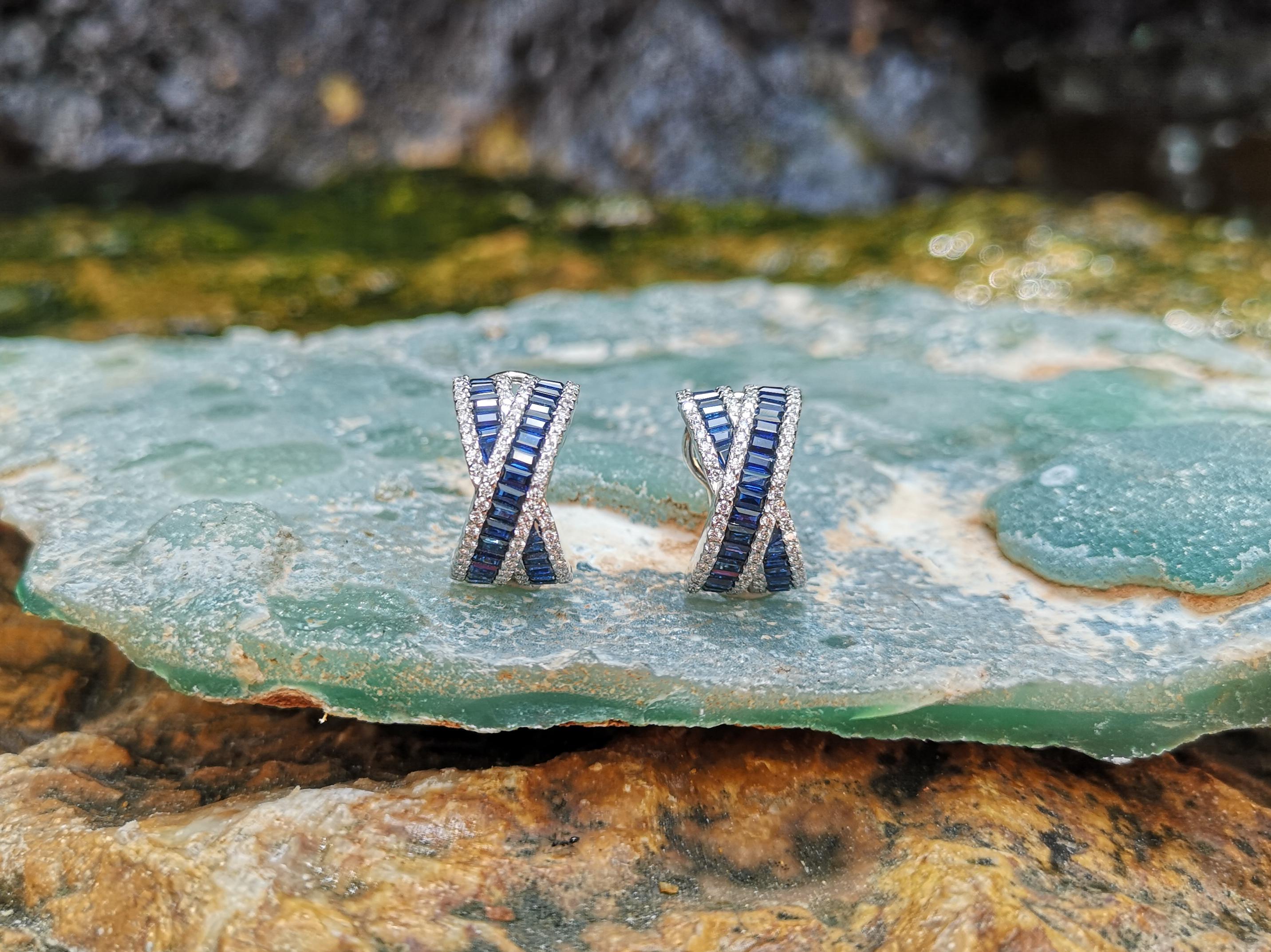 Contemporary Blue Sapphire with Diamond Earrings Set in 18 Karat White Gold Settings For Sale