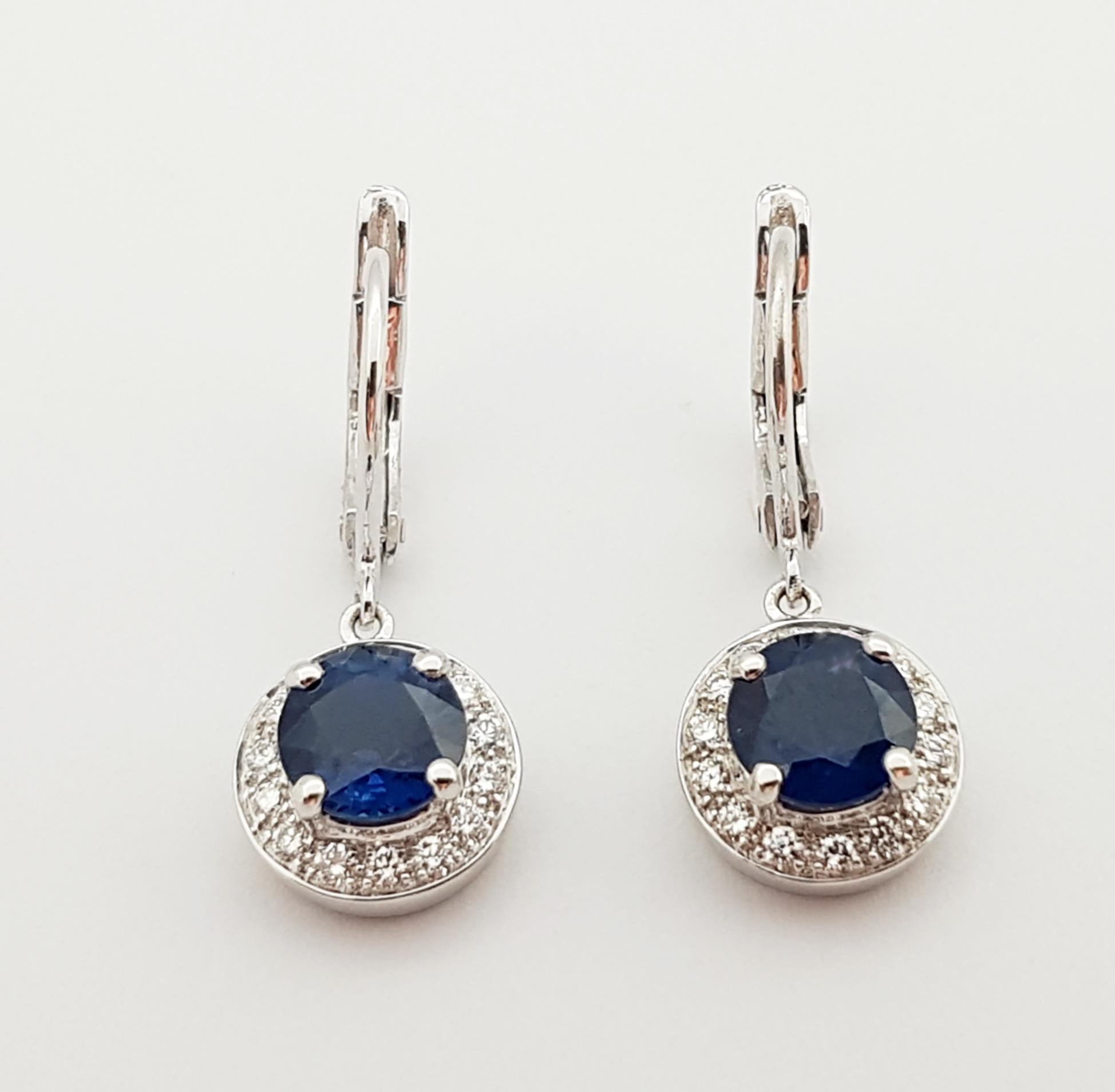 Round Cut Blue Sapphire with Diamond Earrings Set in 18 Karat White Gold Settings For Sale