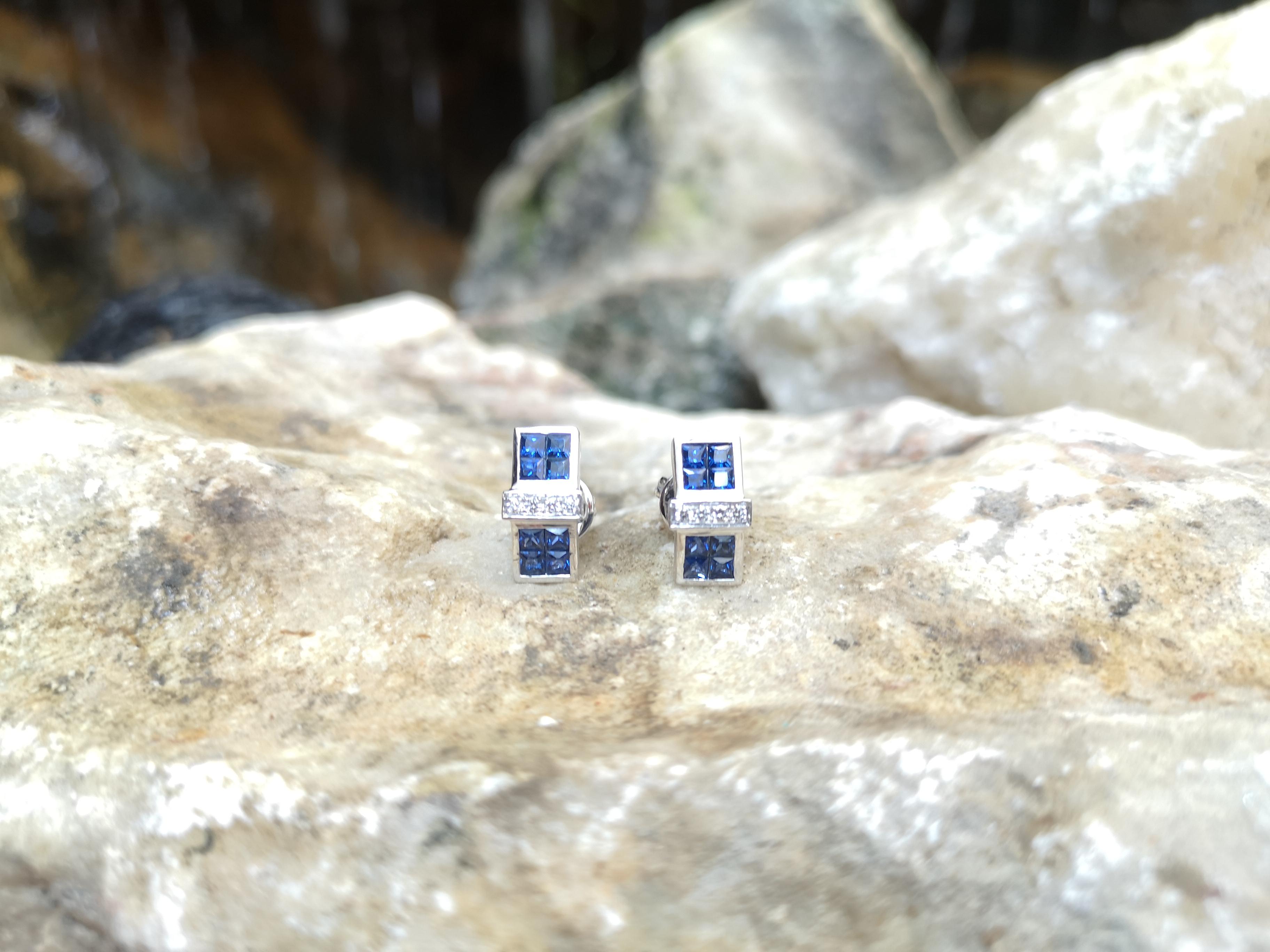 Princess Cut Blue Sapphire with Diamond Earrings Set in 18 Karat White Gold Settings For Sale