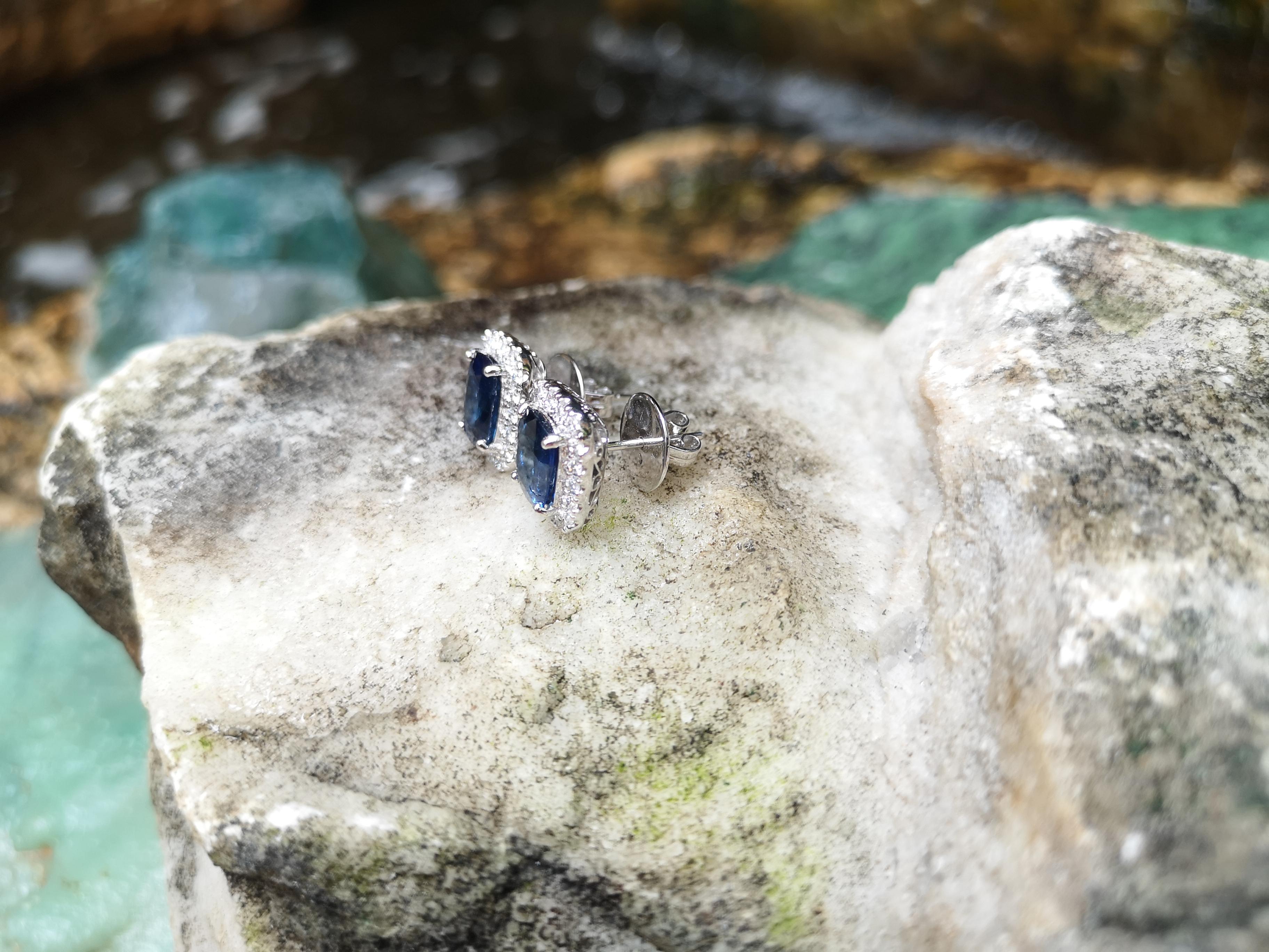 Cushion Cut Blue Sapphire with Diamond Earrings set in 18 Karat White Gold Settings For Sale