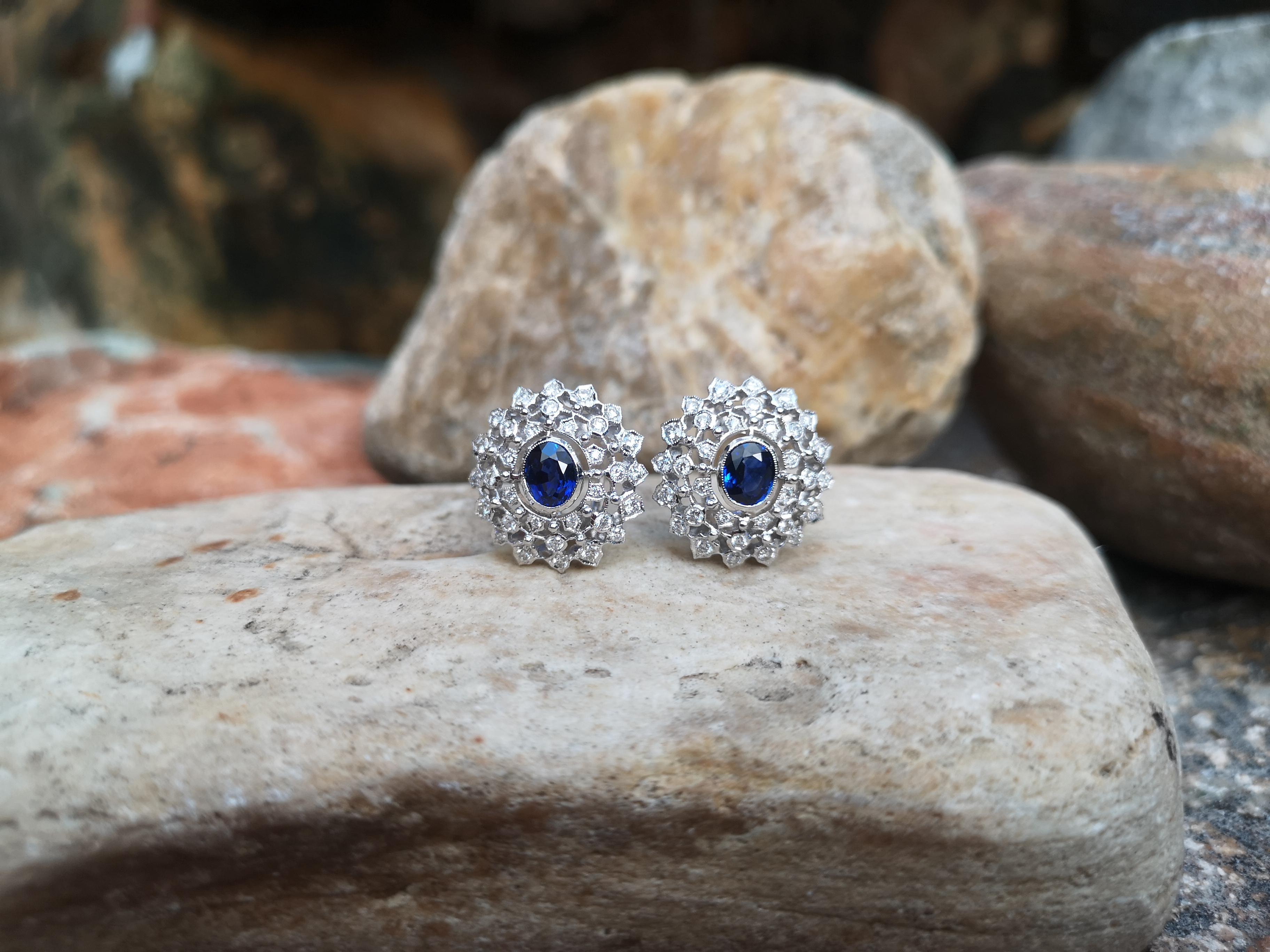 Edwardian Blue Sapphire with Diamond Earrings Set in 18 Karat White Gold Settings For Sale