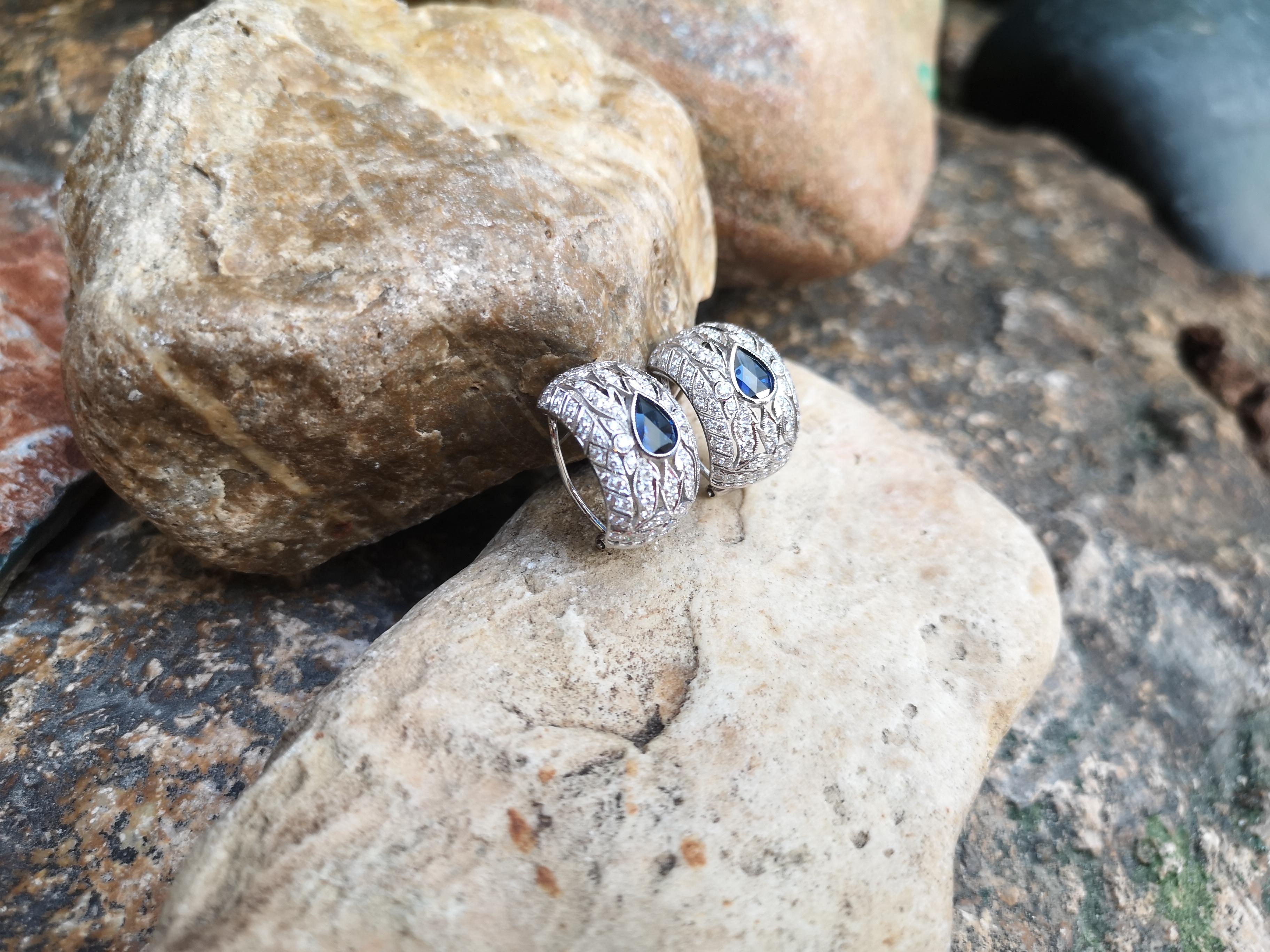 Pear Cut Blue Sapphire with Diamond Earrings Set in 18 Karat White Gold Settings For Sale