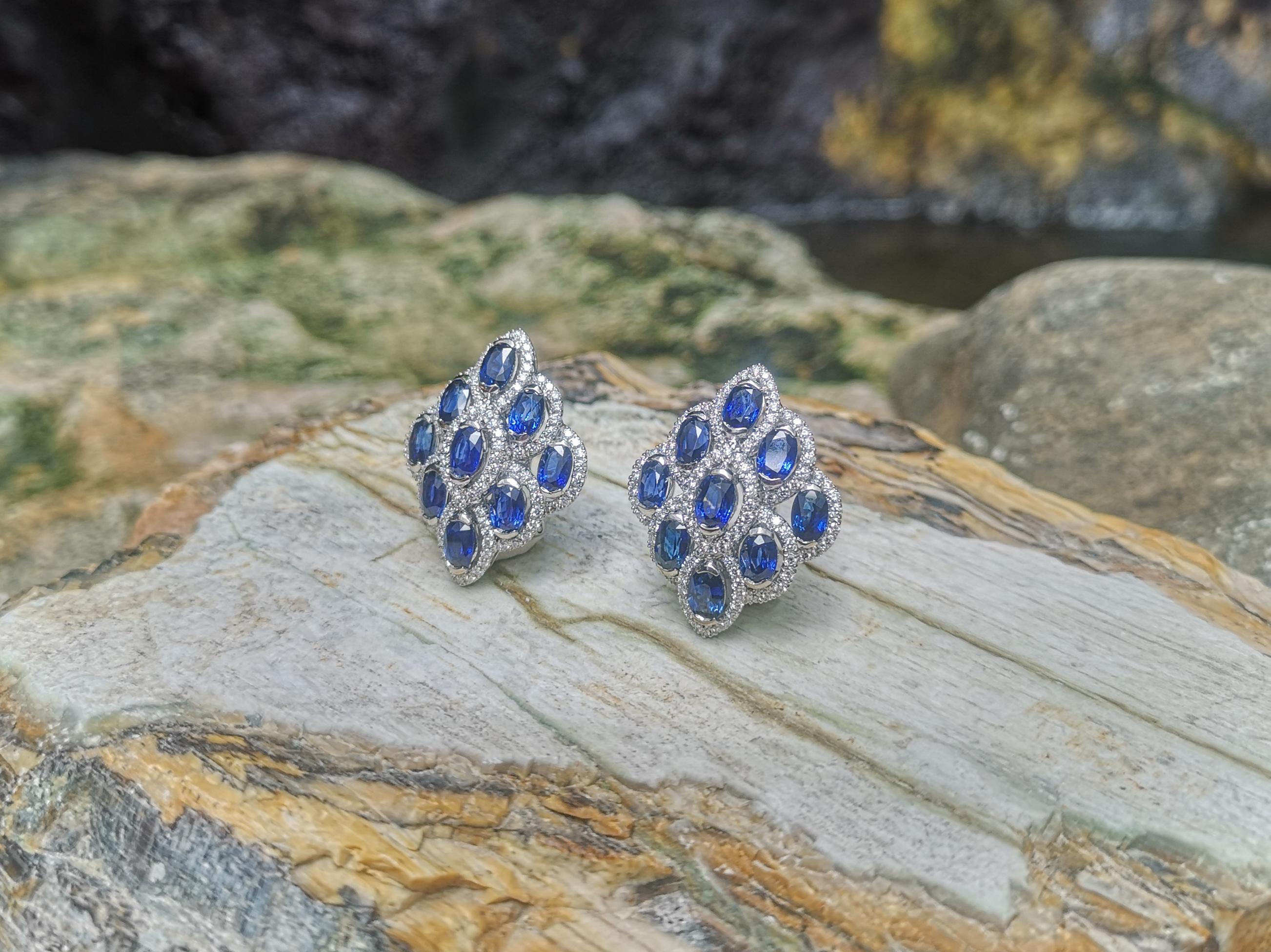 Oval Cut Blue Sapphire with Diamond Earrings set in 18 Karat White Gold Settings For Sale