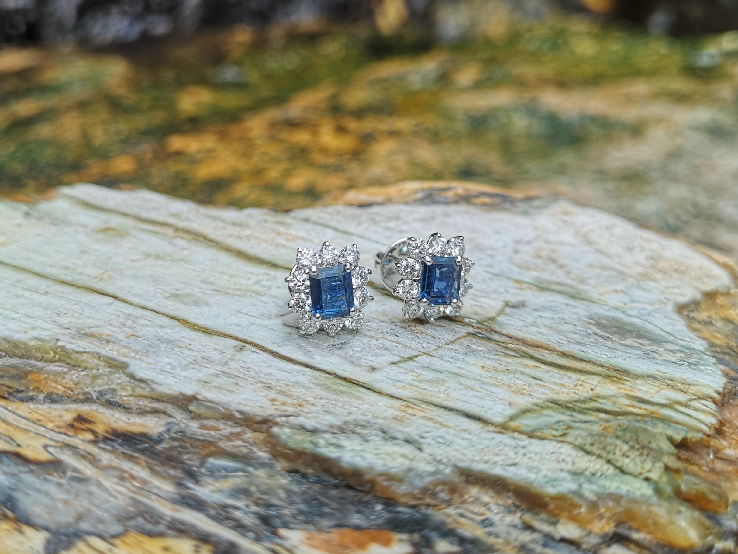 Princess Cut Blue Sapphire with Diamond Earrings Set in 18 Karat White Gold Settings