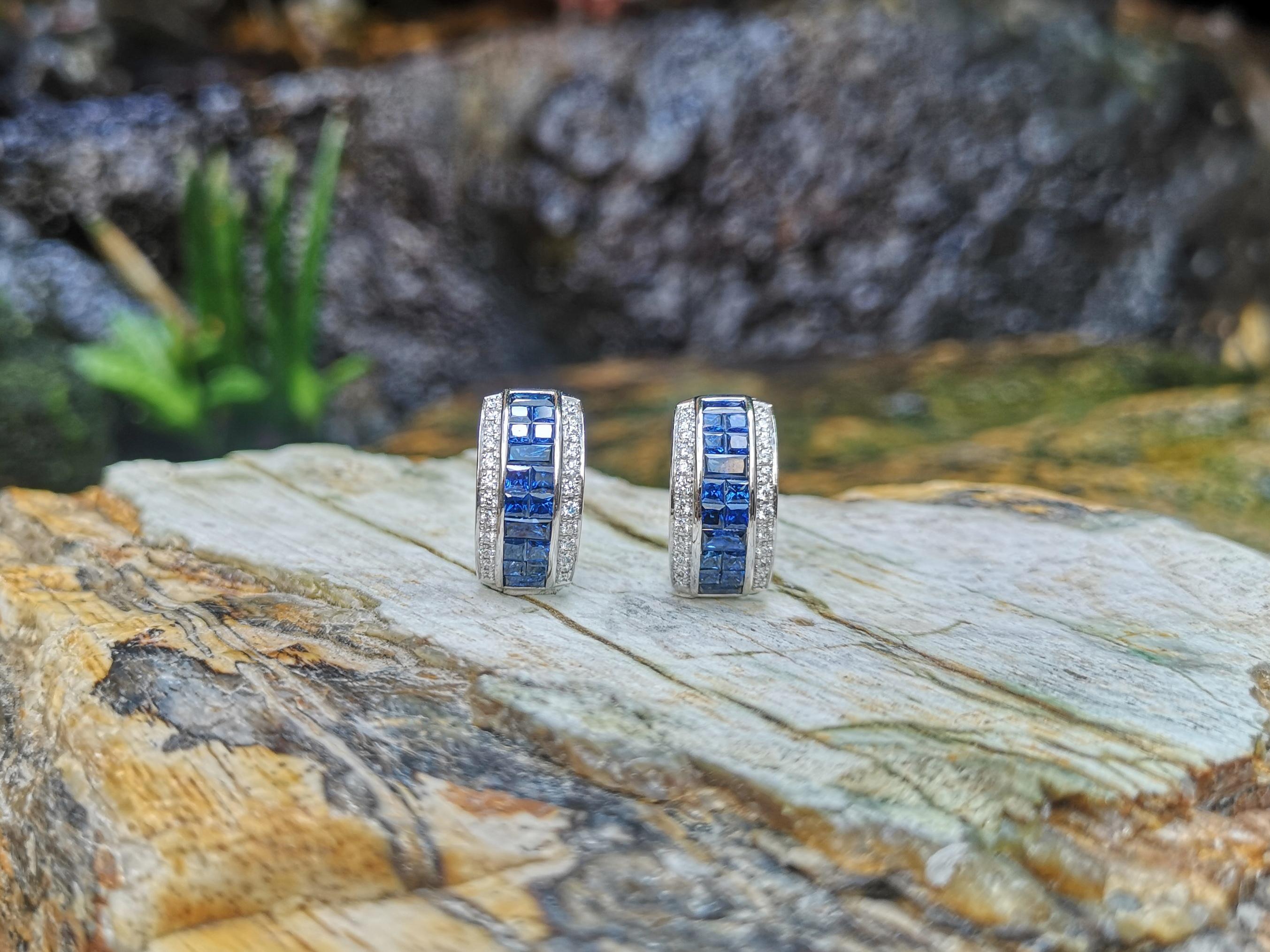 Mixed Cut Blue Sapphire with Diamond Earrings Set in 18 Karat White Gold Settings For Sale