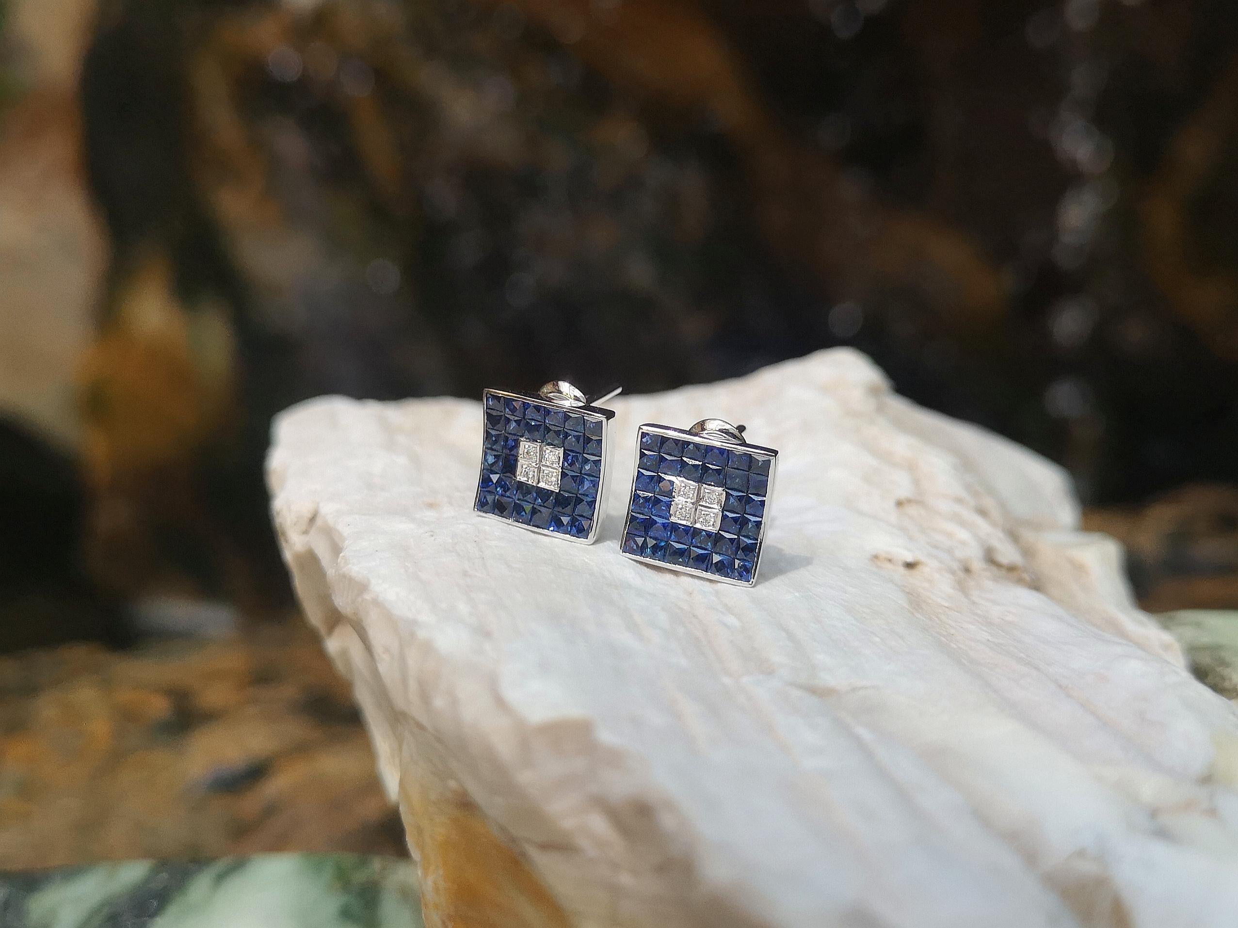Ohrringe mit blauem blauem Saphir und Diamant in 18 Karat Weißgoldfassung (Carréschliff) im Angebot