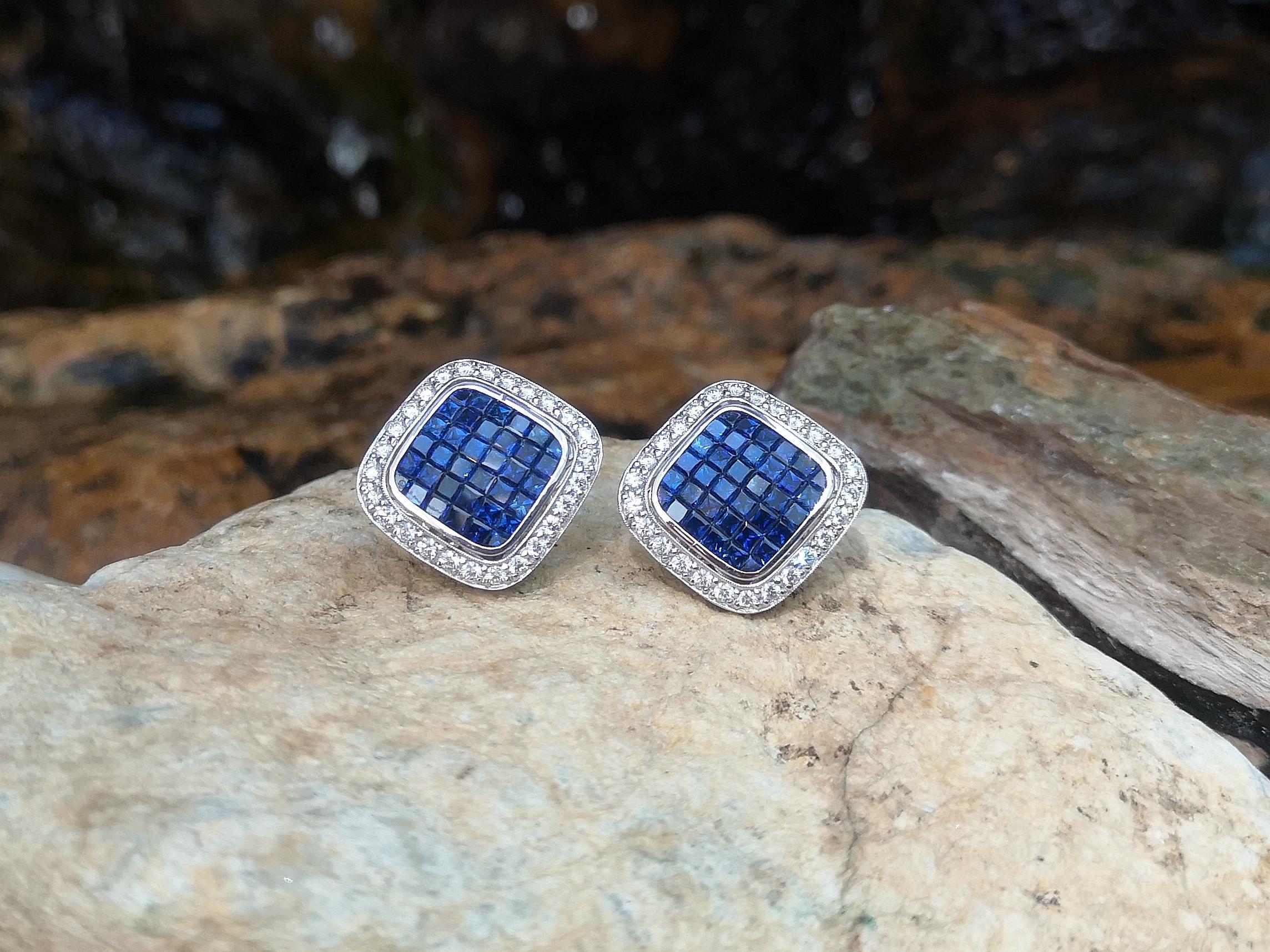 Mixed Cut Blue Sapphire with Diamond Earrings Set in 18 Karat White Gold Settings For Sale