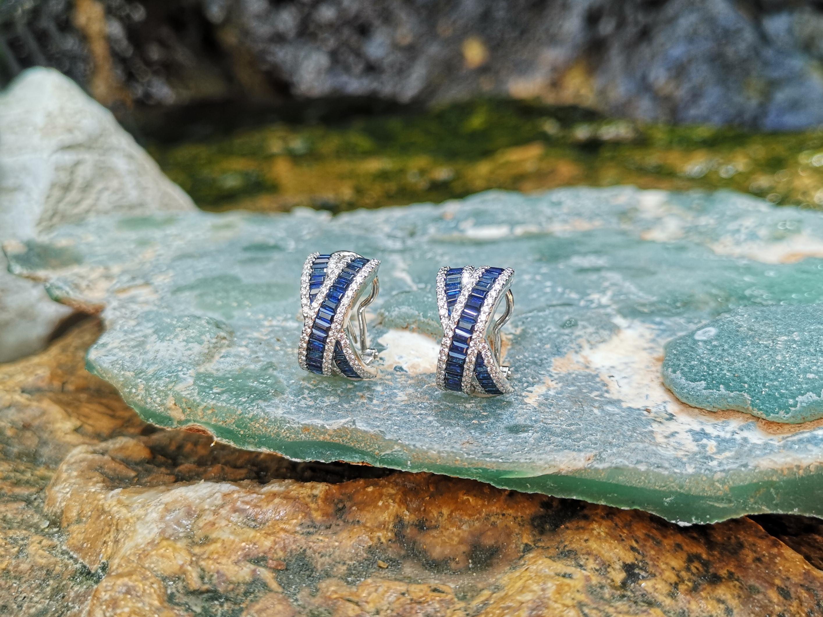Baguette Cut Blue Sapphire with Diamond Earrings Set in 18 Karat White Gold Settings For Sale