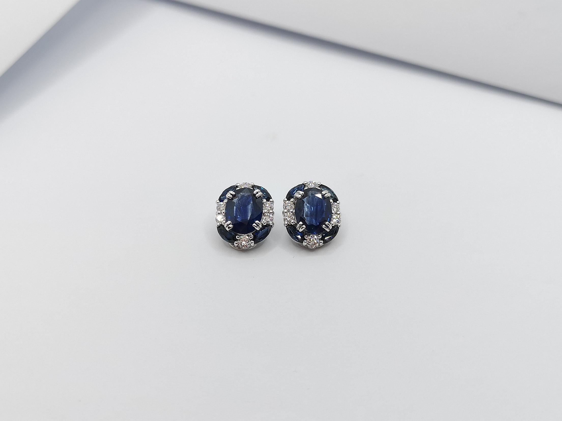 Art Deco Blue Sapphire with Diamond Earrings Set in 18 Karat White Gold Settings For Sale