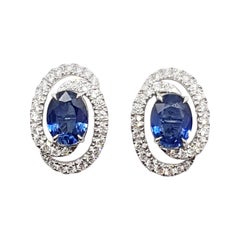 Blue Sapphire with Diamond Earrings Set in 18 Karat White Gold Settings