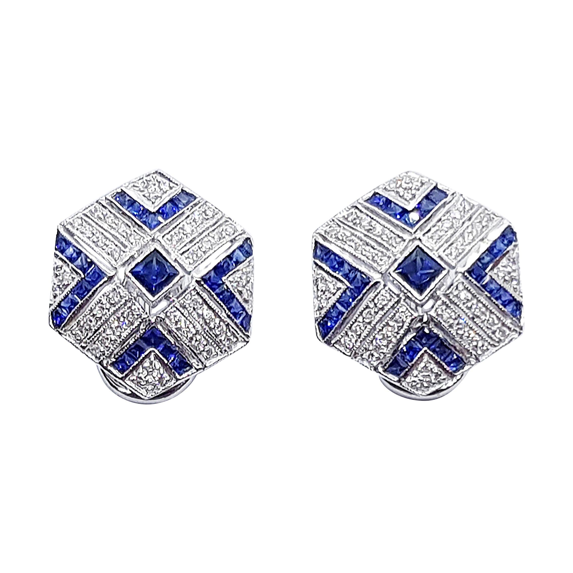 Blue Sapphire with Diamond Earrings Set in 18 Karat White Gold Settings For Sale