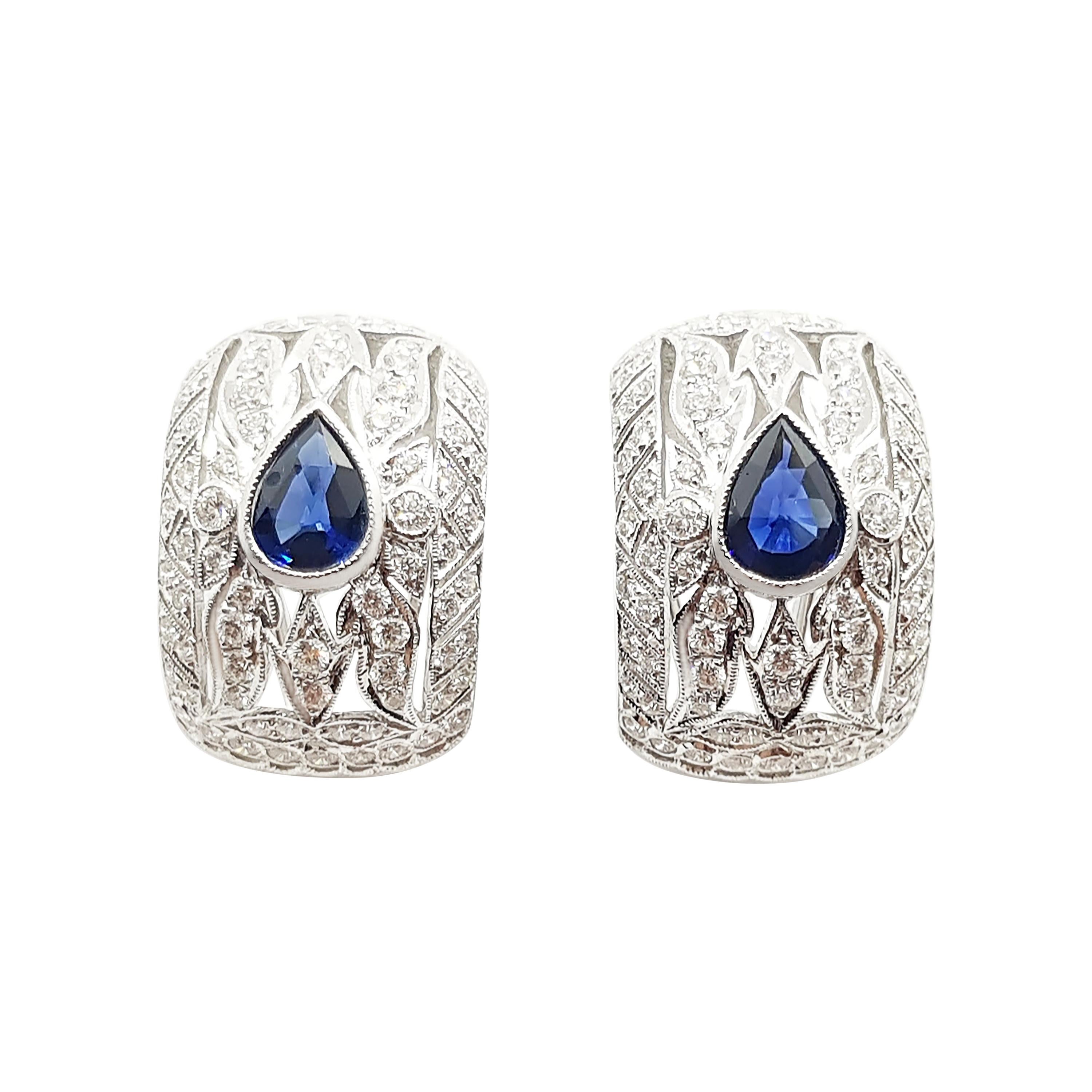 Blue Sapphire with Diamond Earrings Set in 18 Karat White Gold Settings For Sale