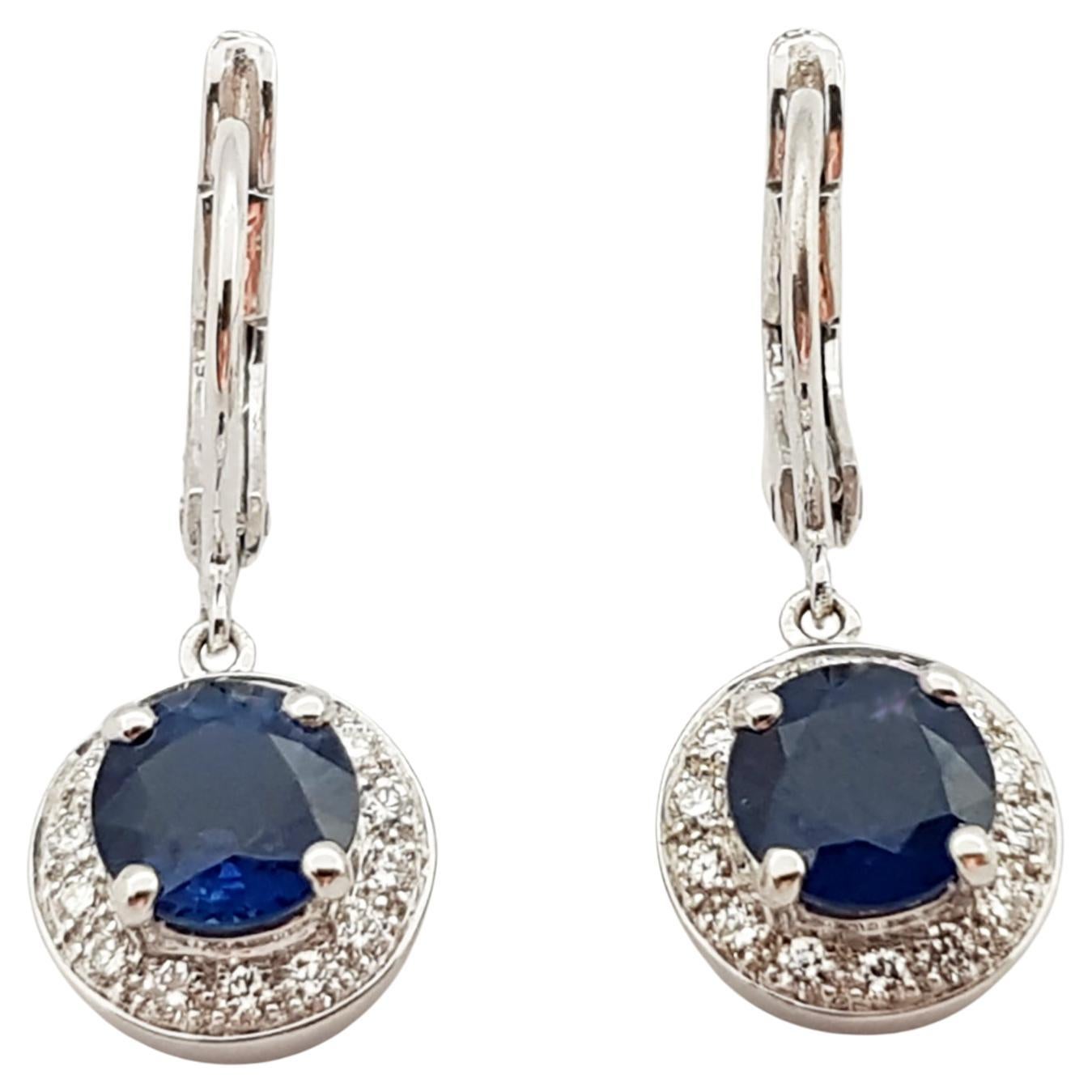 Blue Sapphire with Diamond Earrings Set in 18 Karat White Gold Settings For Sale