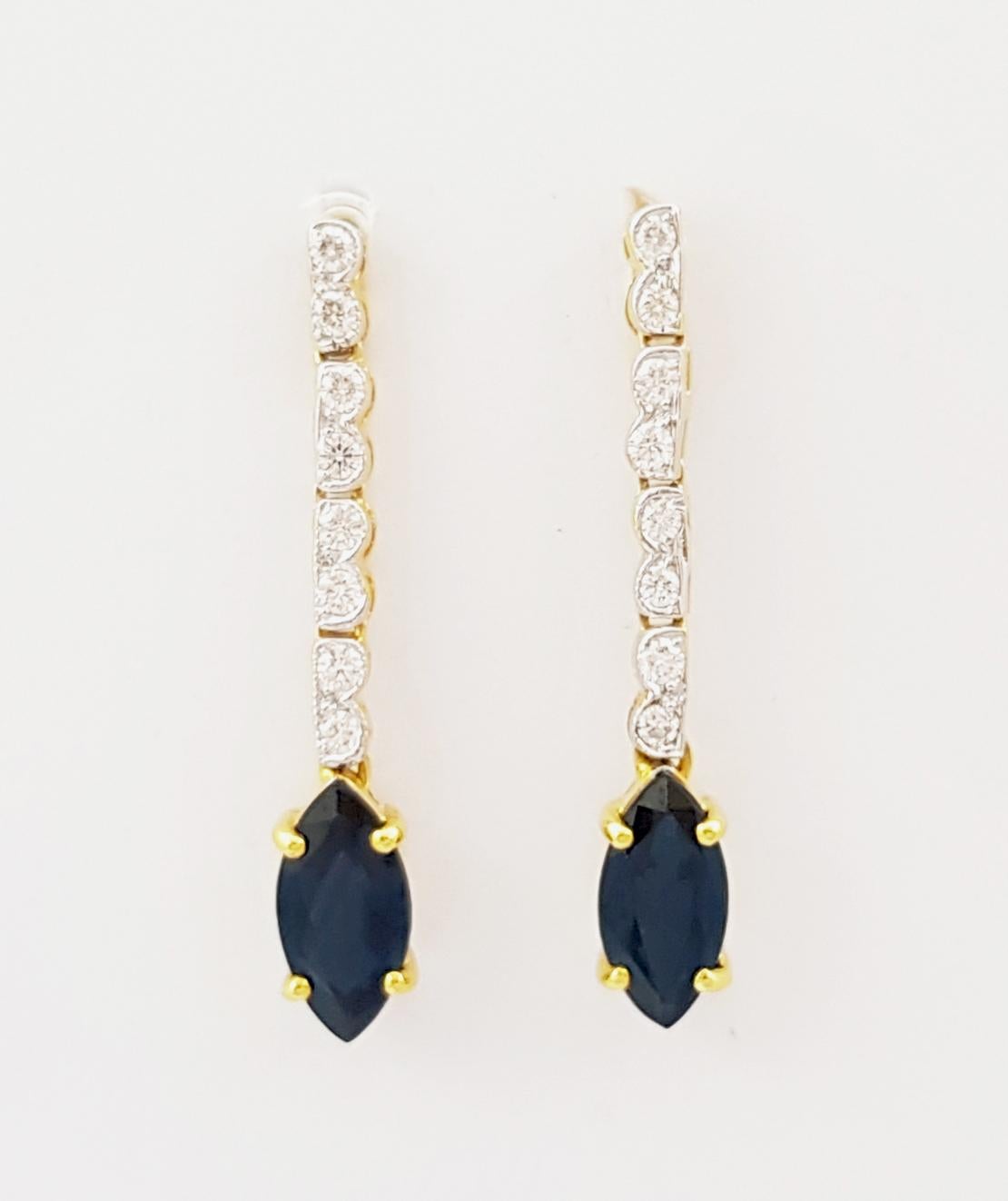 Contemporary Blue Sapphire with Diamond Earrings set in 18K Gold Settings For Sale