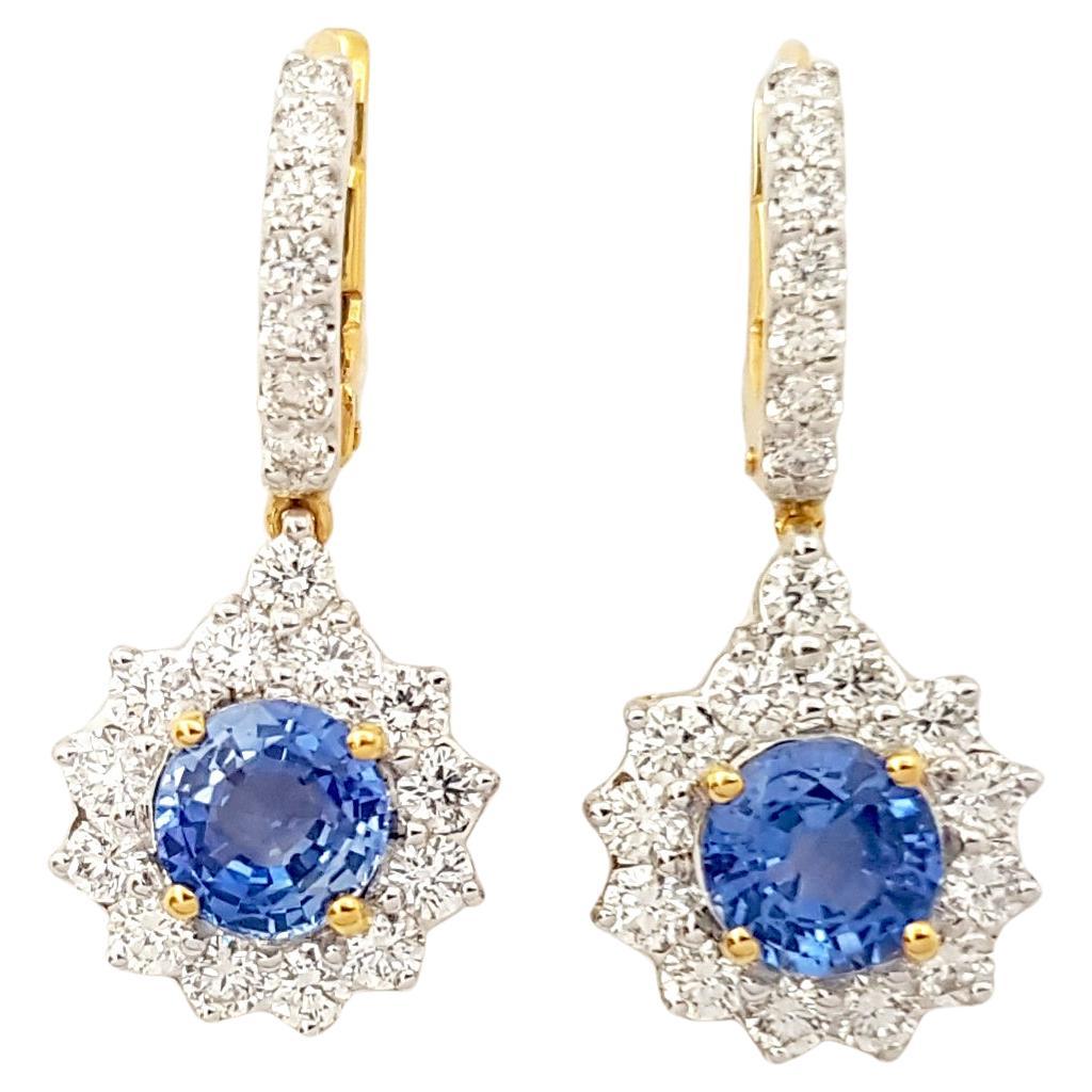 Blue Sapphire with Diamond Earrings set in 18K Gold Settings For Sale