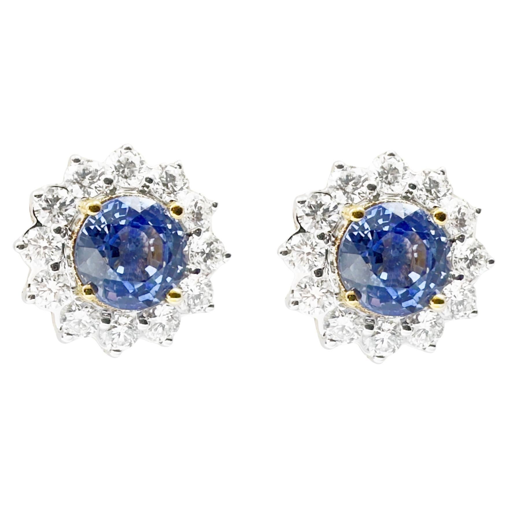 Blue Sapphire with Diamond Earrings set in 18K Gold Settings