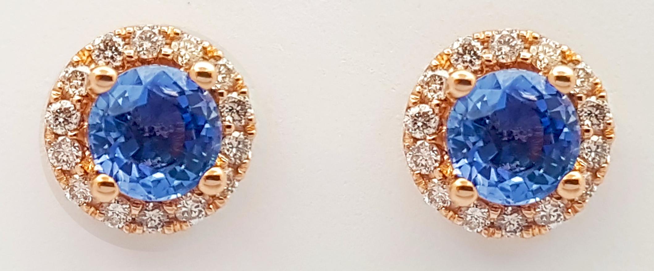 Contemporary Blue Sapphire with Diamond Earrings set in 18K Rose Gold Settings For Sale