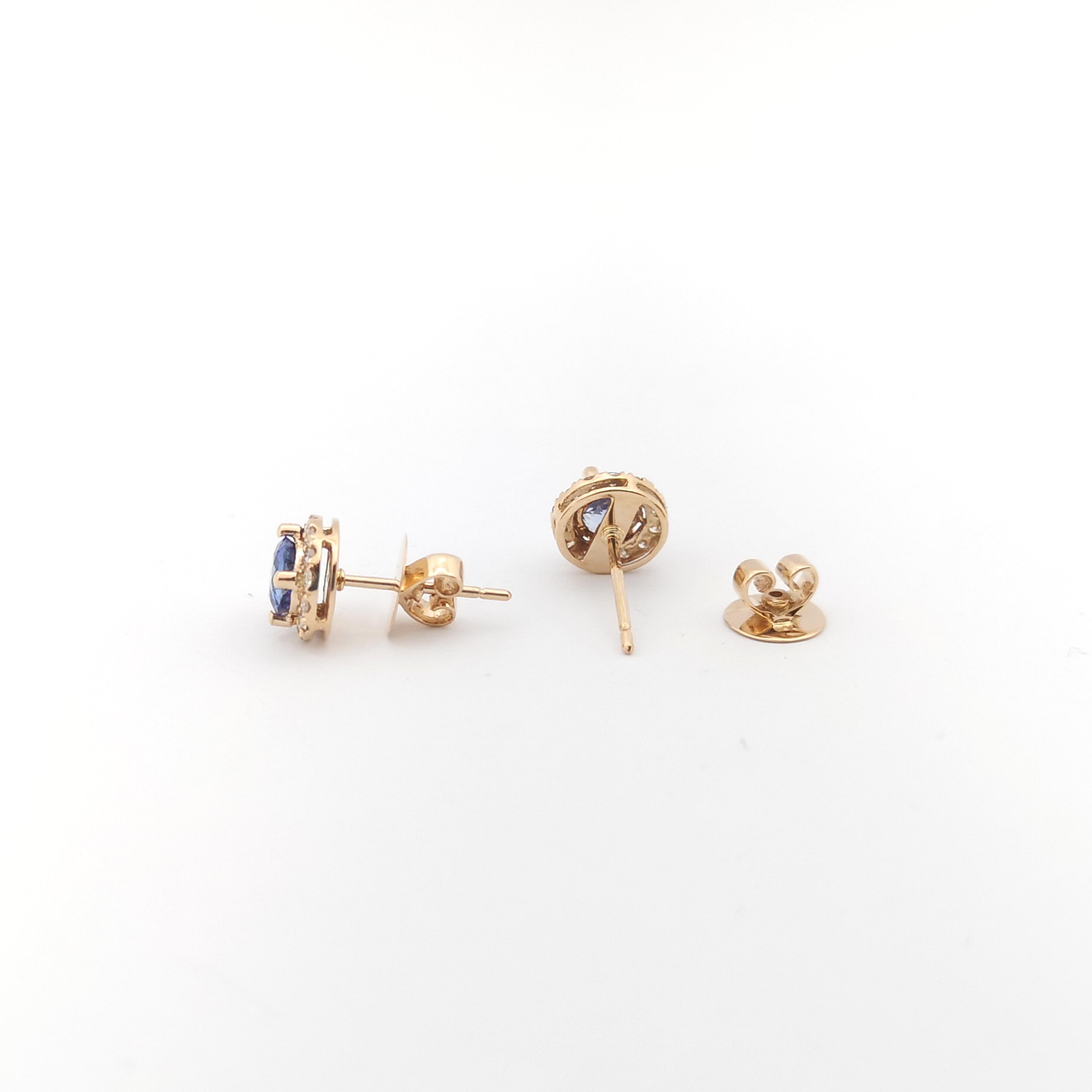Round Cut Blue Sapphire with Diamond Earrings set in 18K Rose Gold Settings For Sale