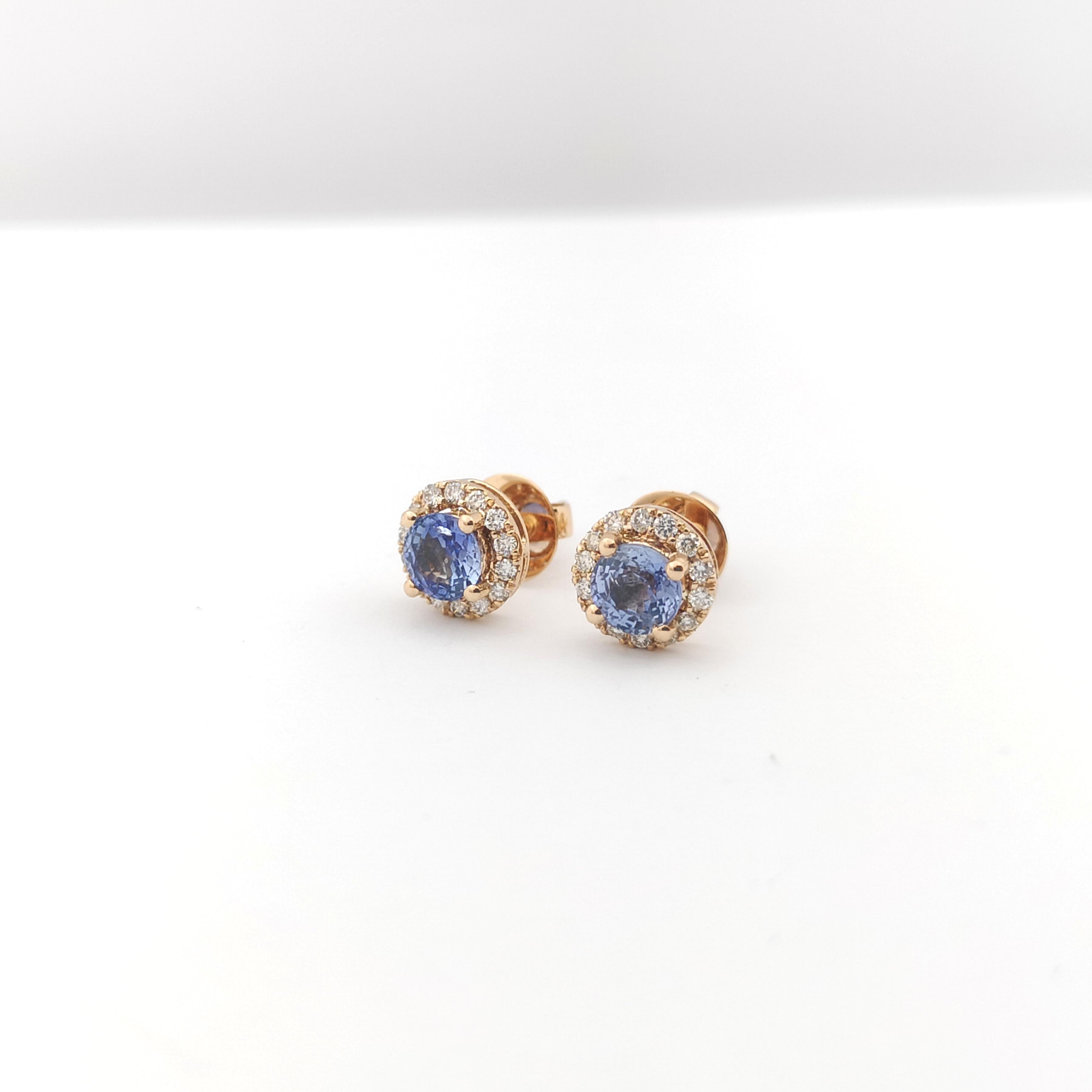 Blue Sapphire with Diamond Earrings set in 18K Rose Gold Settings For Sale 1