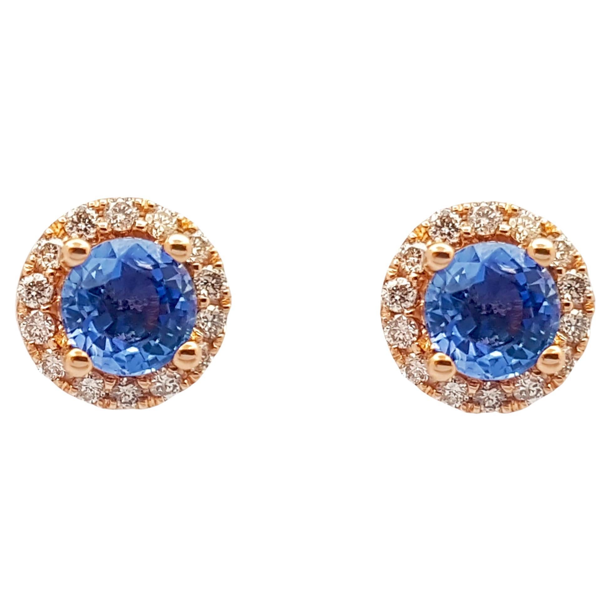 Blue Sapphire with Diamond Earrings set in 18K Rose Gold Settings For Sale