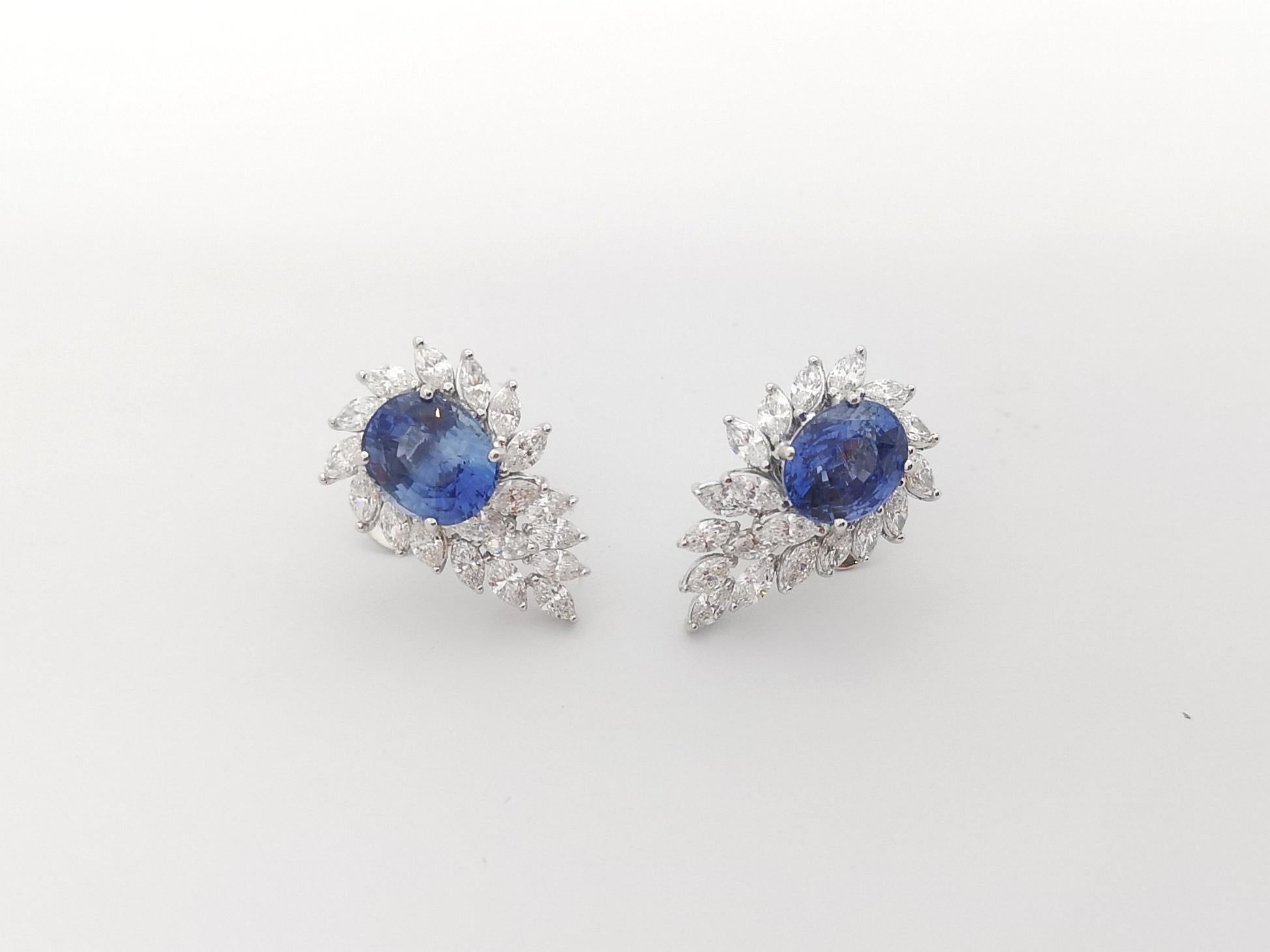 Blue Sapphire with Diamond Earrings set in 18K White Gold Settings For Sale 4