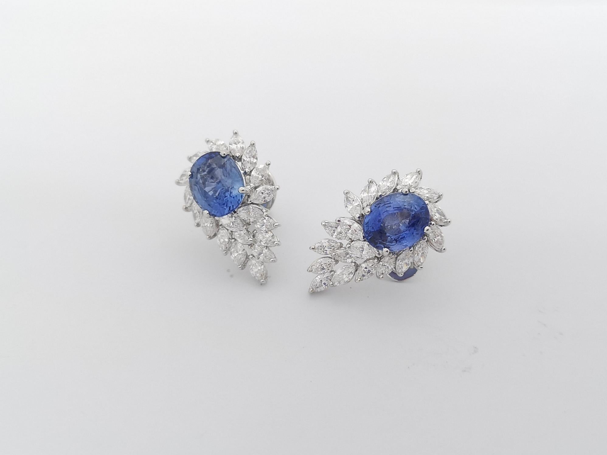 Blue Sapphire with Diamond Earrings set in 18K White Gold Settings For Sale 5