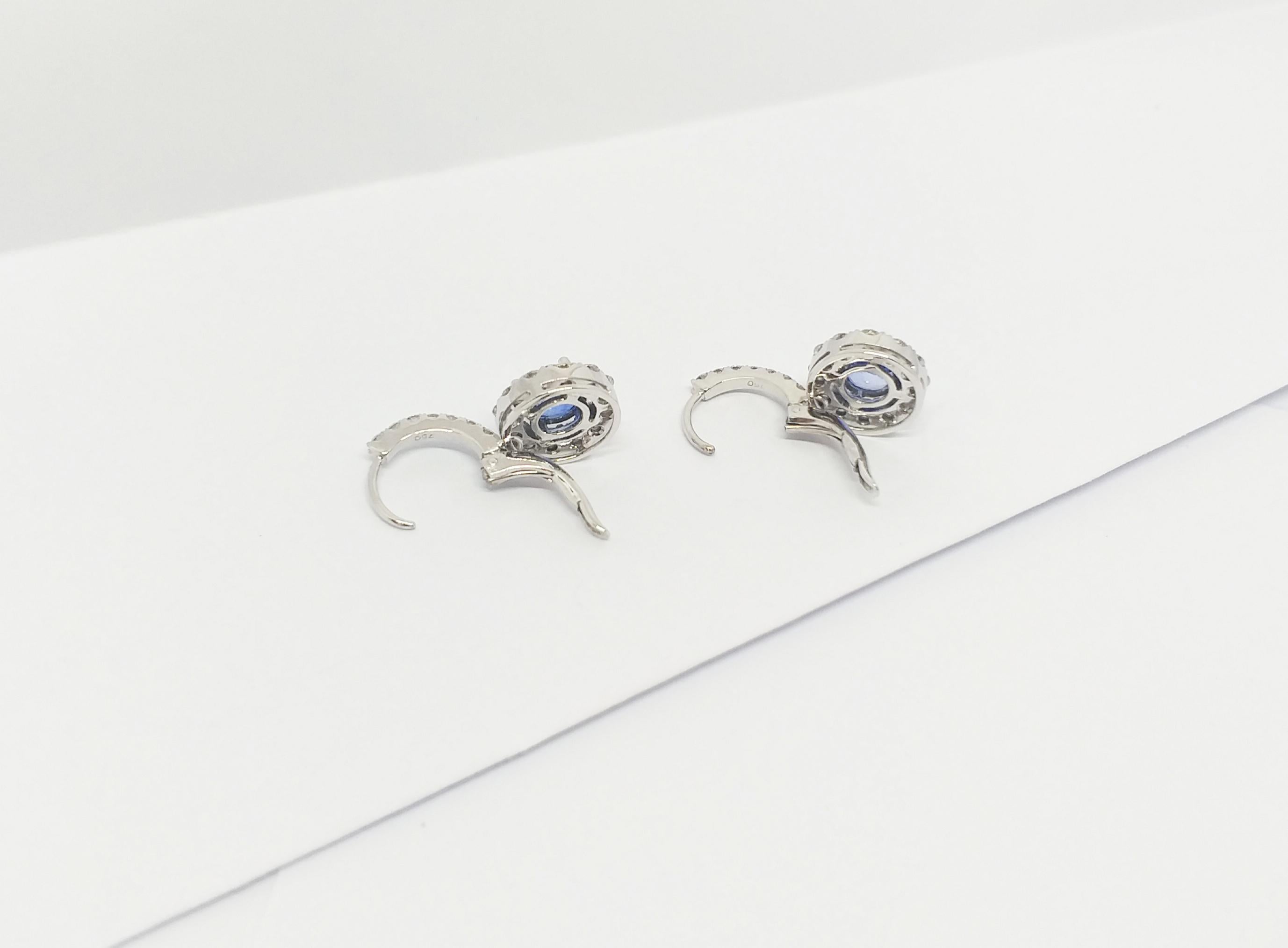 Blue Sapphire with Diamond Earrings set in 18K White Gold Settings For Sale 6