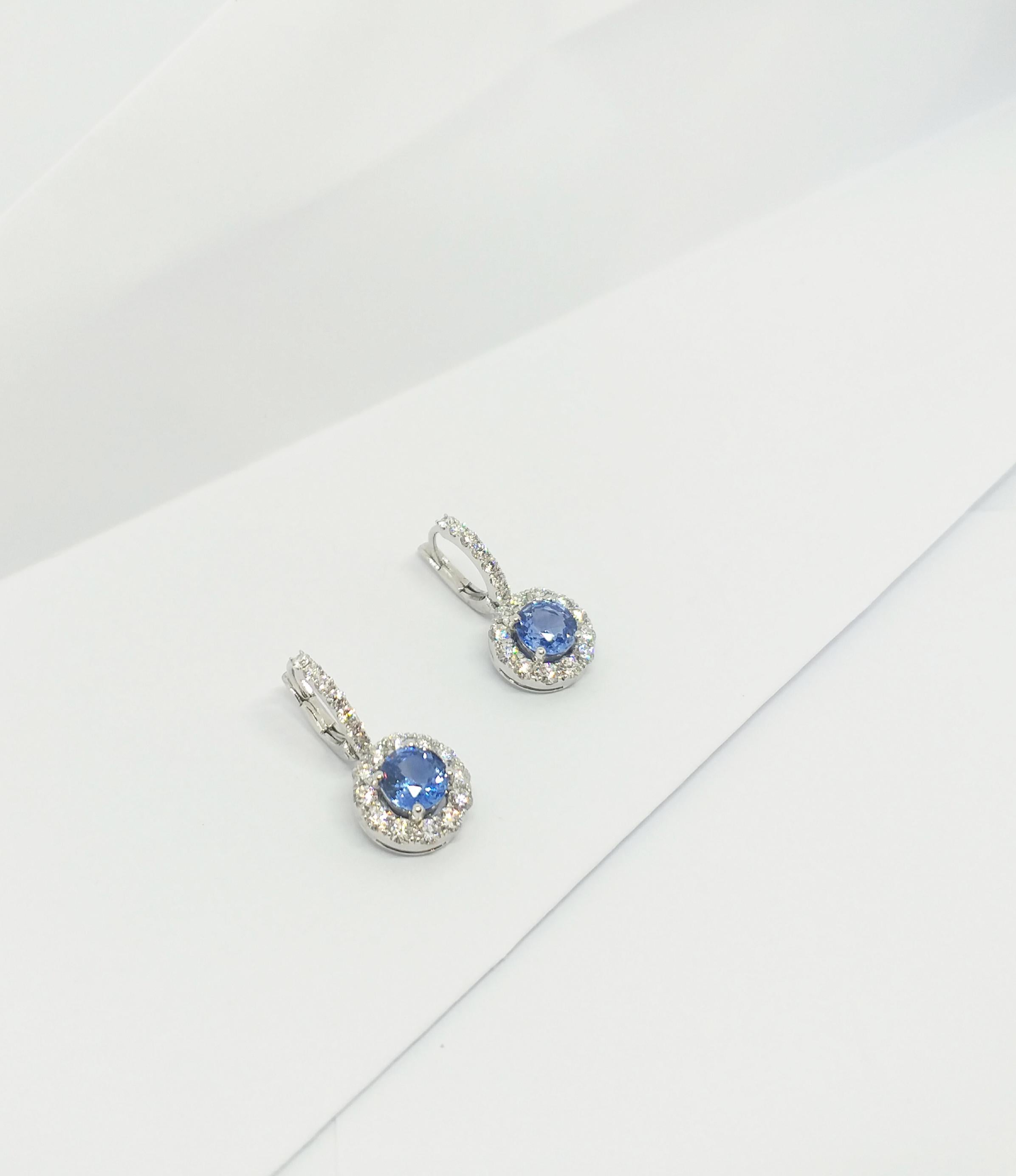 Blue Sapphire with Diamond Earrings set in 18K White Gold Settings For Sale 7