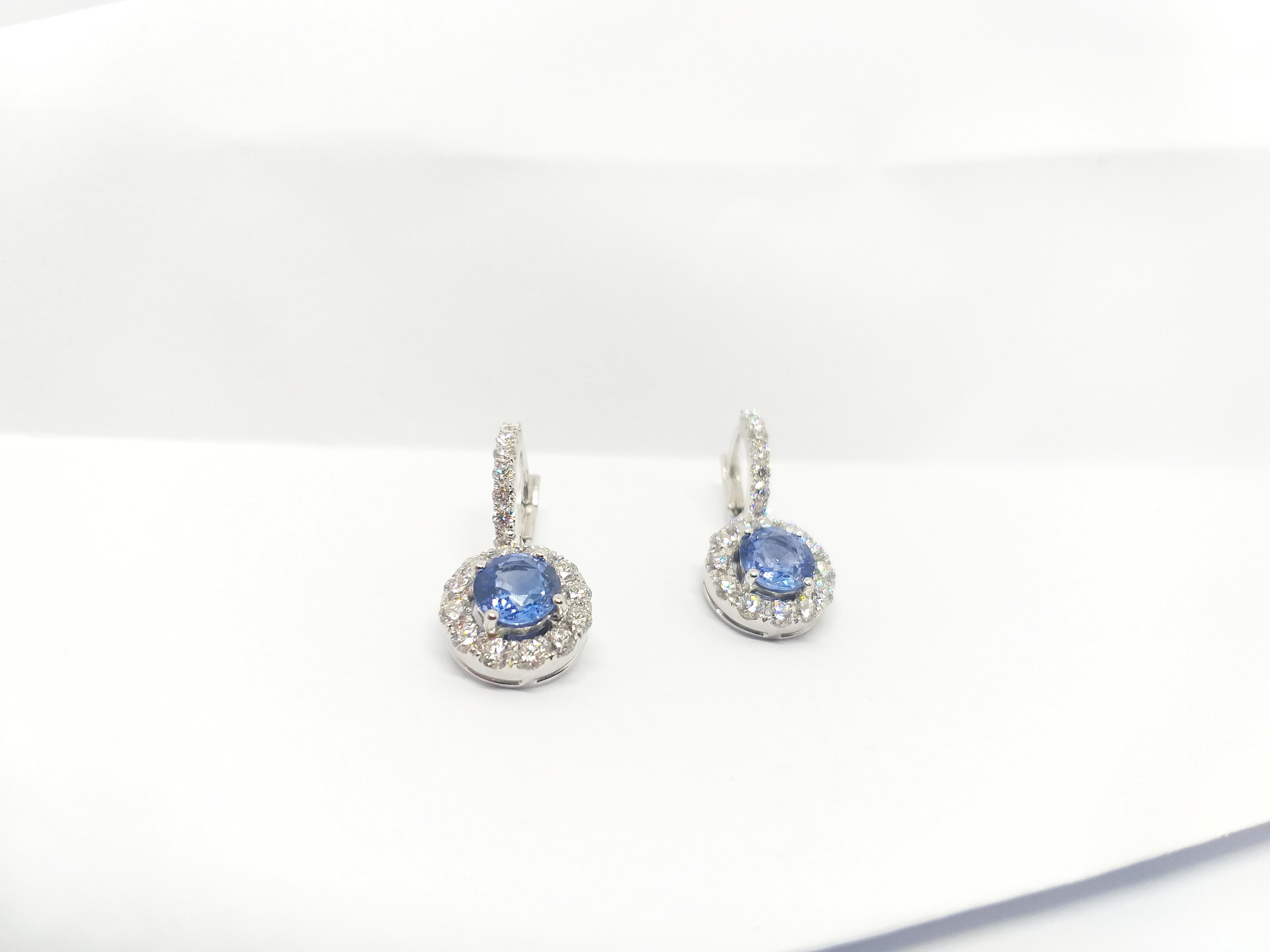Blue Sapphire with Diamond Earrings set in 18K White Gold Settings For Sale 9