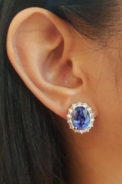Blue Sapphire with Diamond Earrings set in 18K White Gold Settings