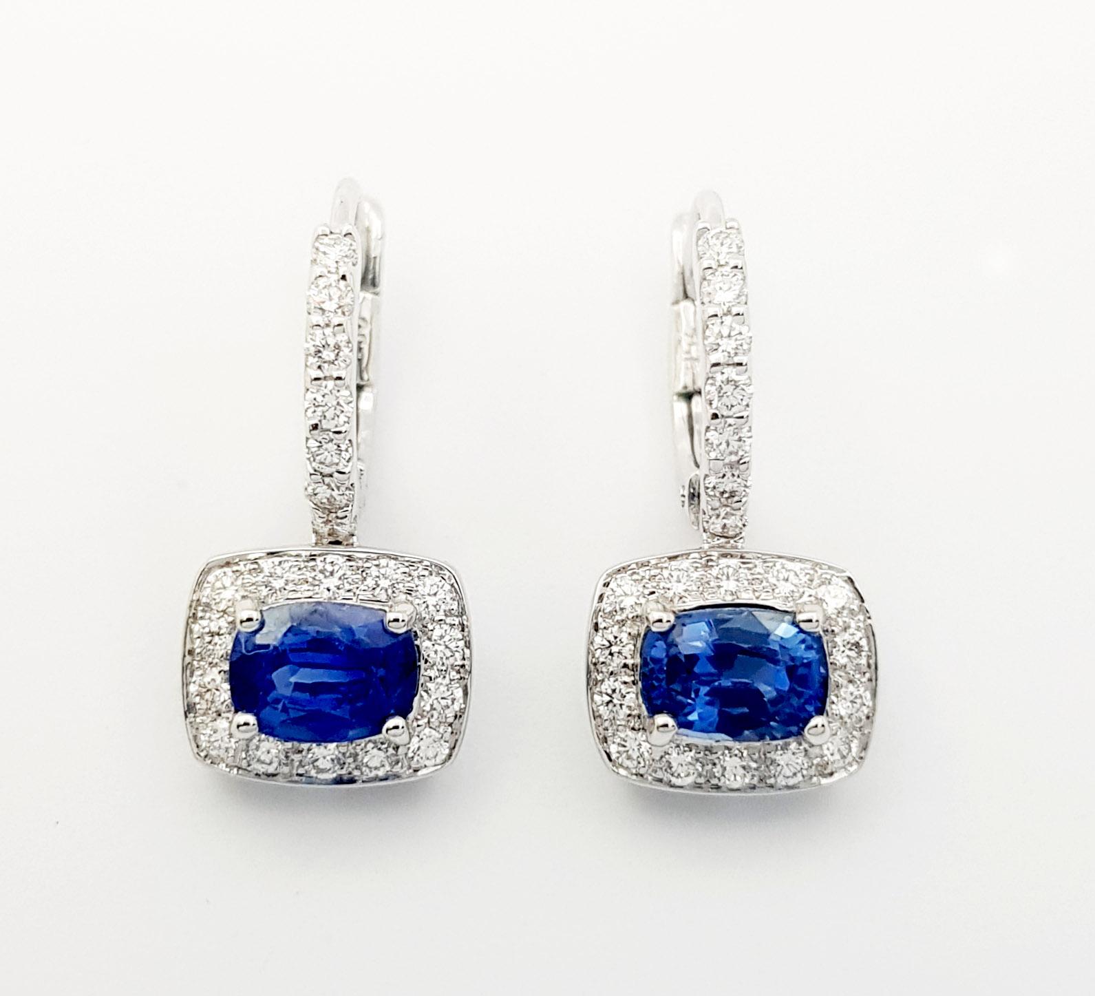 Blue Sapphire 1.88 carats with Diamond 0.56 carat Earrings set in 18K White Gold Settings

Width: 0.9 cm 
Length: 1.9 cm
Total Weight: 4.76 grams

