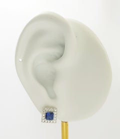 Blue Sapphire with Diamond Earrings set in 18K White Gold Settings