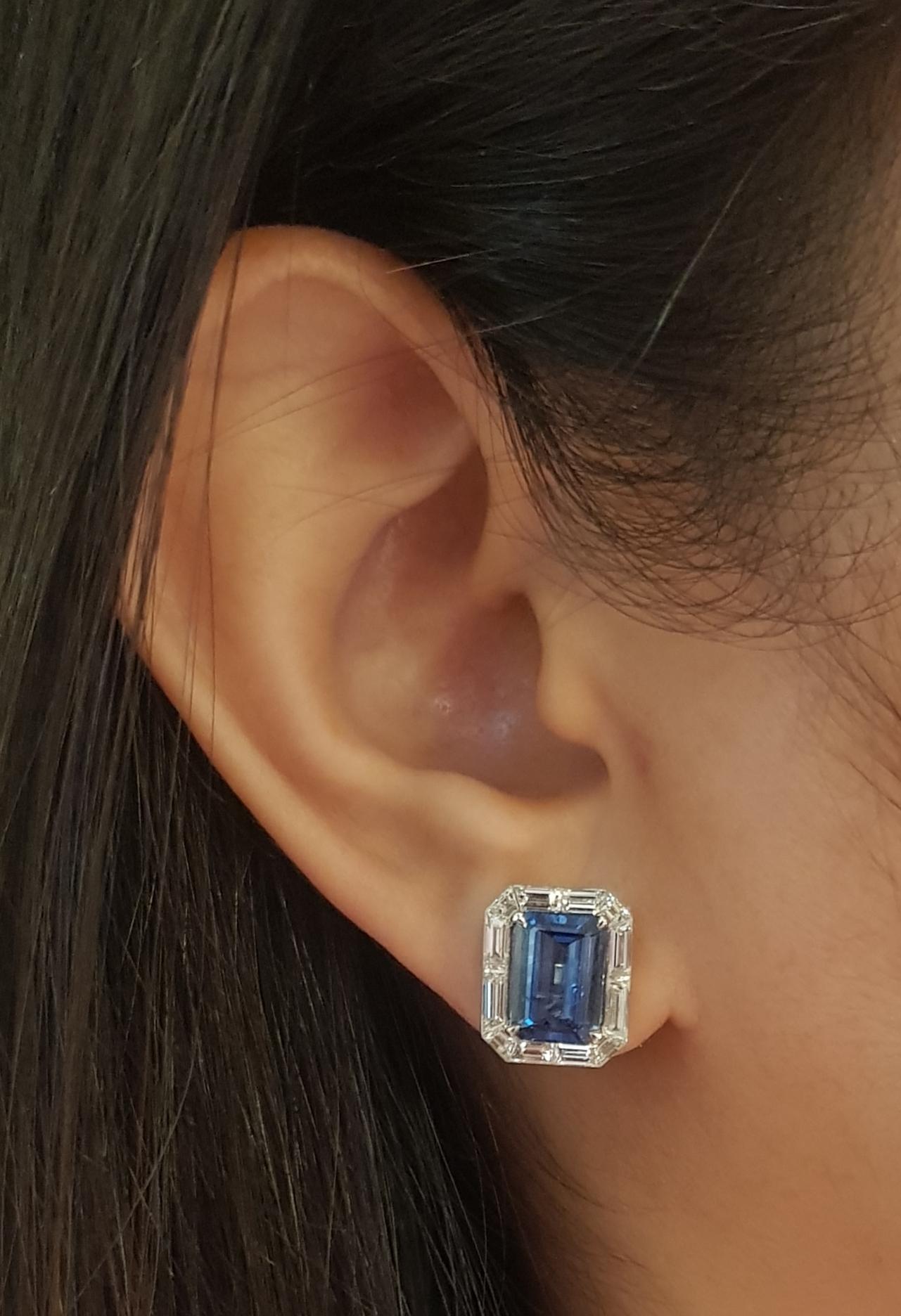 Contemporary Blue Sapphire with Diamond Earrings set in 18K White Gold Settings For Sale