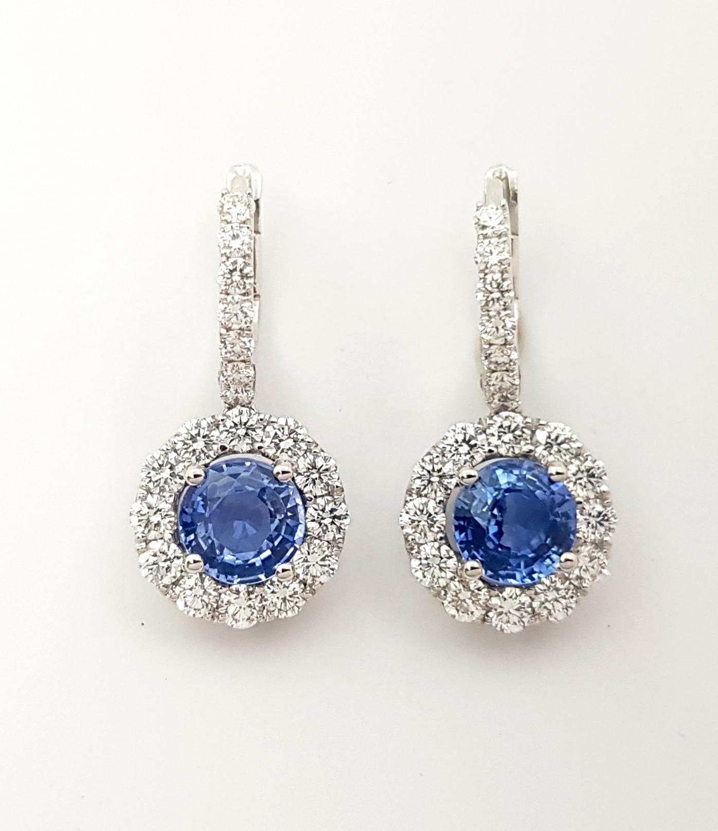 Round Cut Blue Sapphire with Diamond Earrings set in 18K White Gold Settings For Sale