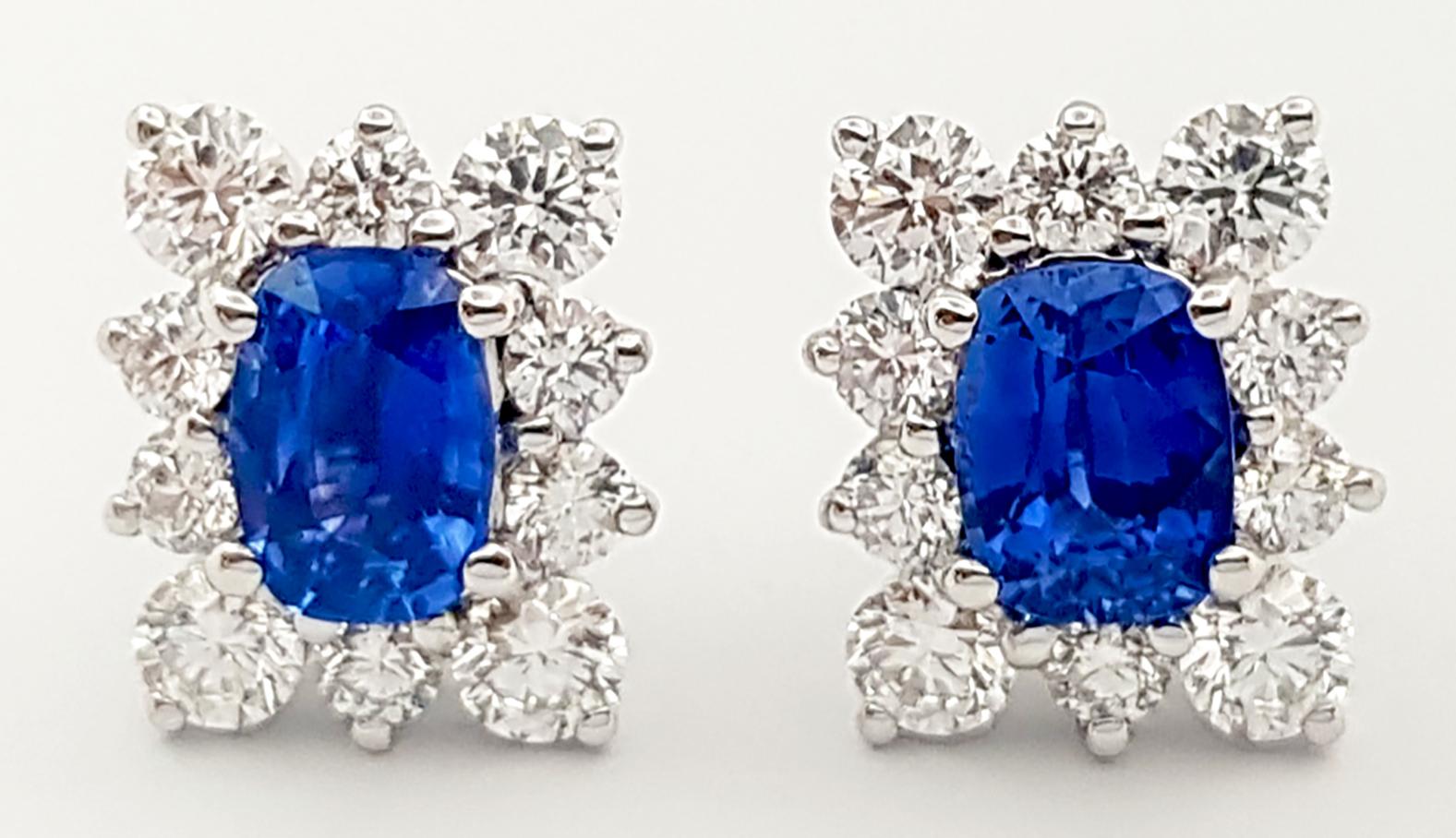 Contemporary Blue Sapphire with Diamond Earrings set in 18K White Gold Settings For Sale
