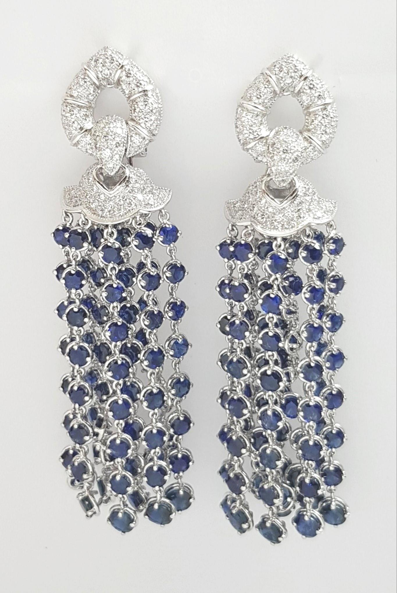 Contemporary Blue Sapphire with Diamond Earrings set in 18K White Gold Settings For Sale