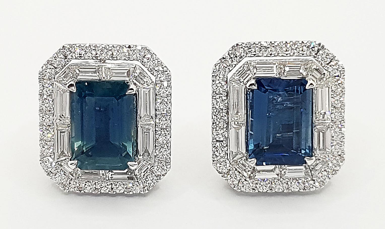 Blauer Saphir und Diamant-Ohrringe in 18 Karat Weißgold gefasst (Smaragdschliff) im Angebot