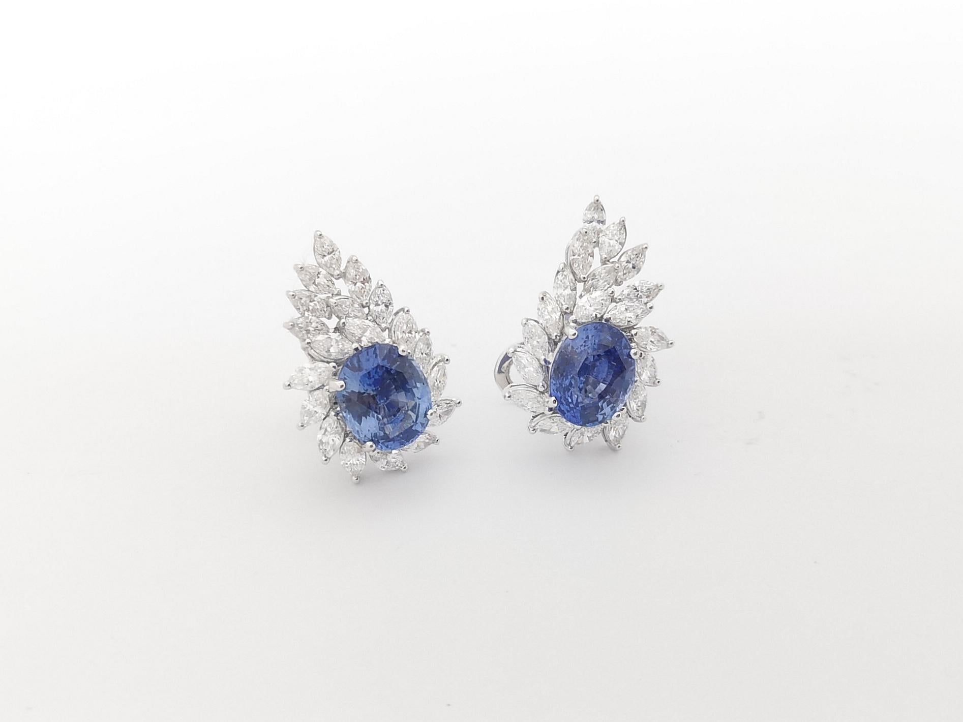 Mixed Cut Blue Sapphire with Diamond Earrings set in 18K White Gold Settings For Sale