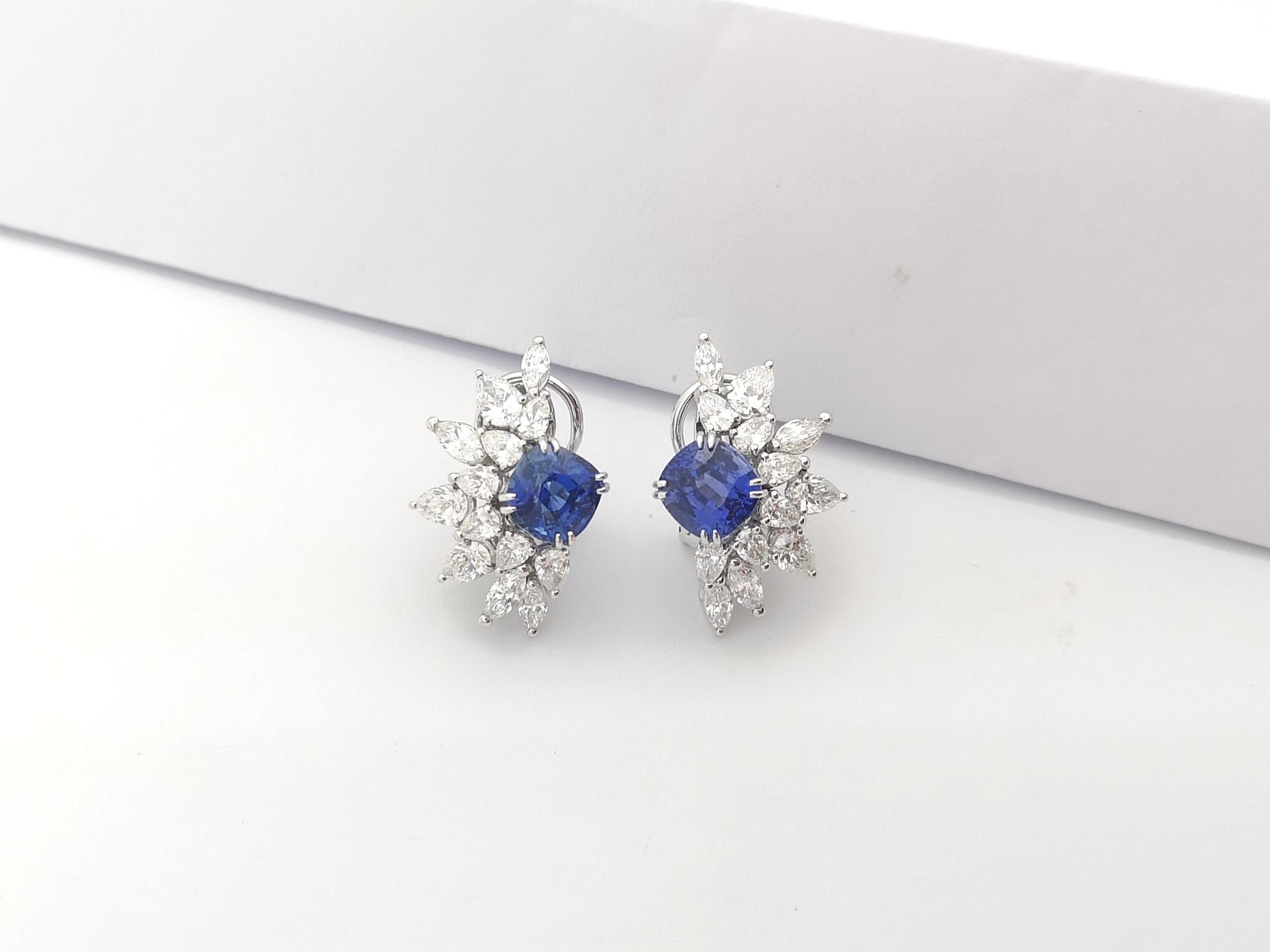 Mixed Cut Blue Sapphire with Diamond Earrings set in 18K White Gold Settings For Sale