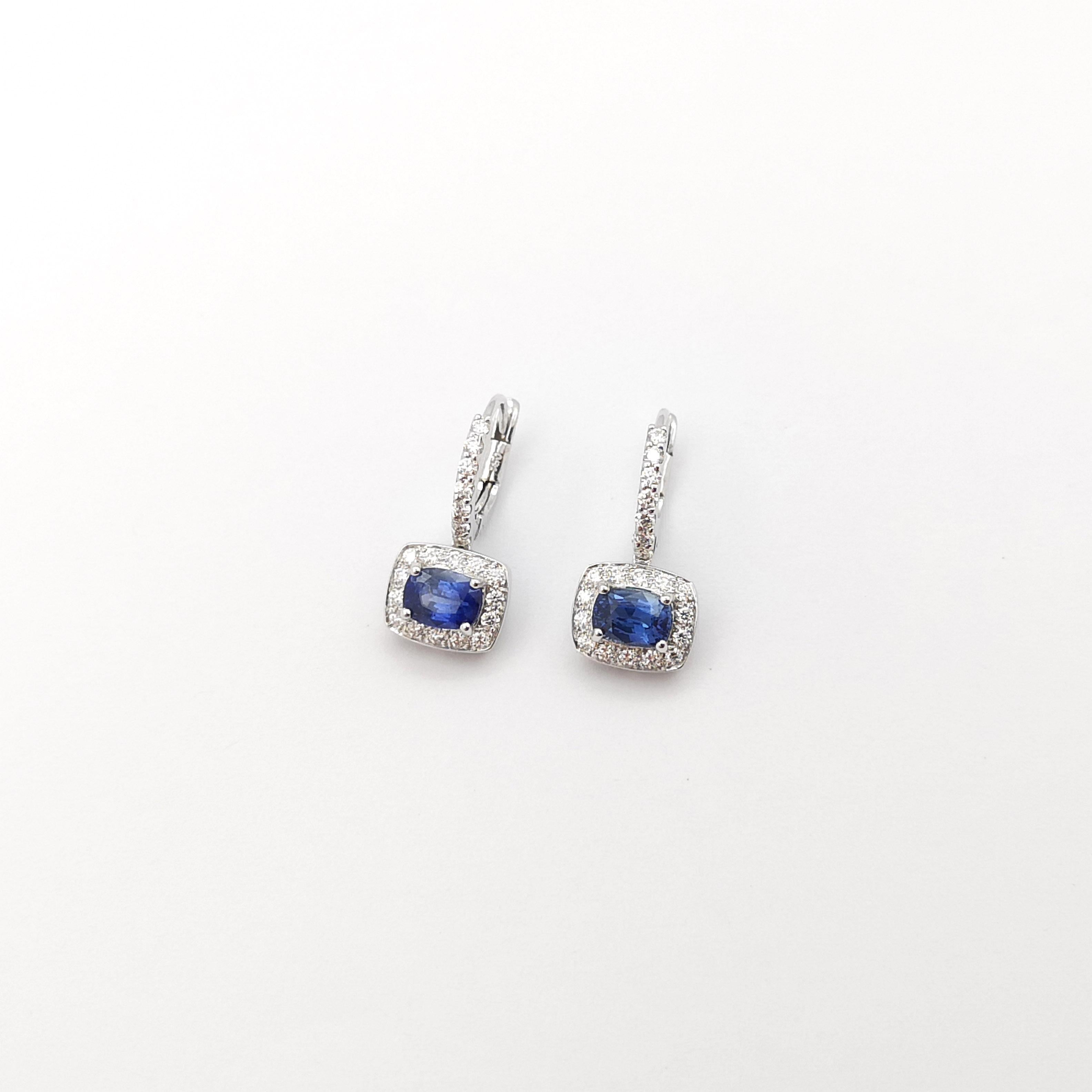 Oval Cut Blue Sapphire with Diamond Earrings set in 18K White Gold Settings For Sale