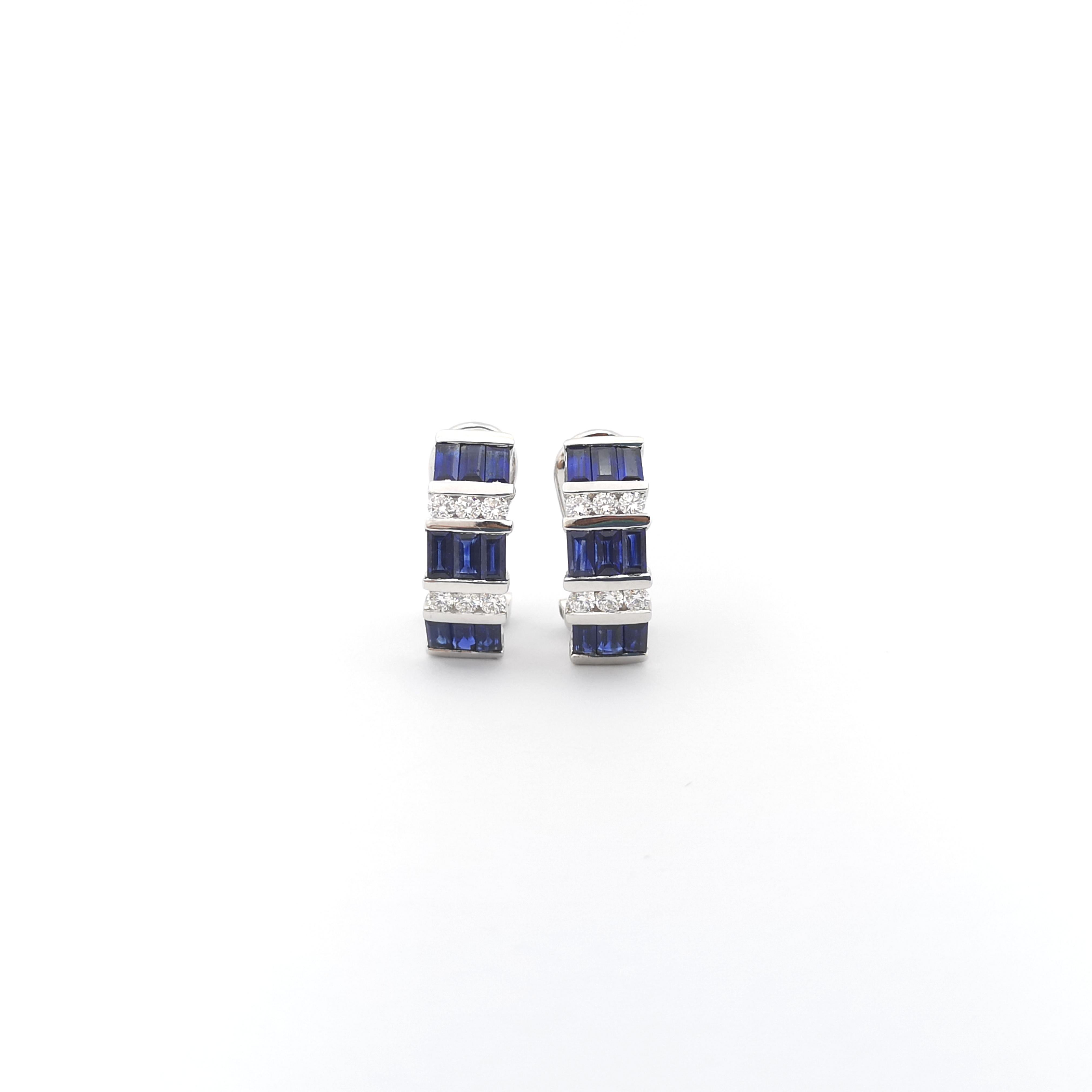 Emerald Cut Blue Sapphire with Diamond Earrings set in 18K White Gold Settings For Sale