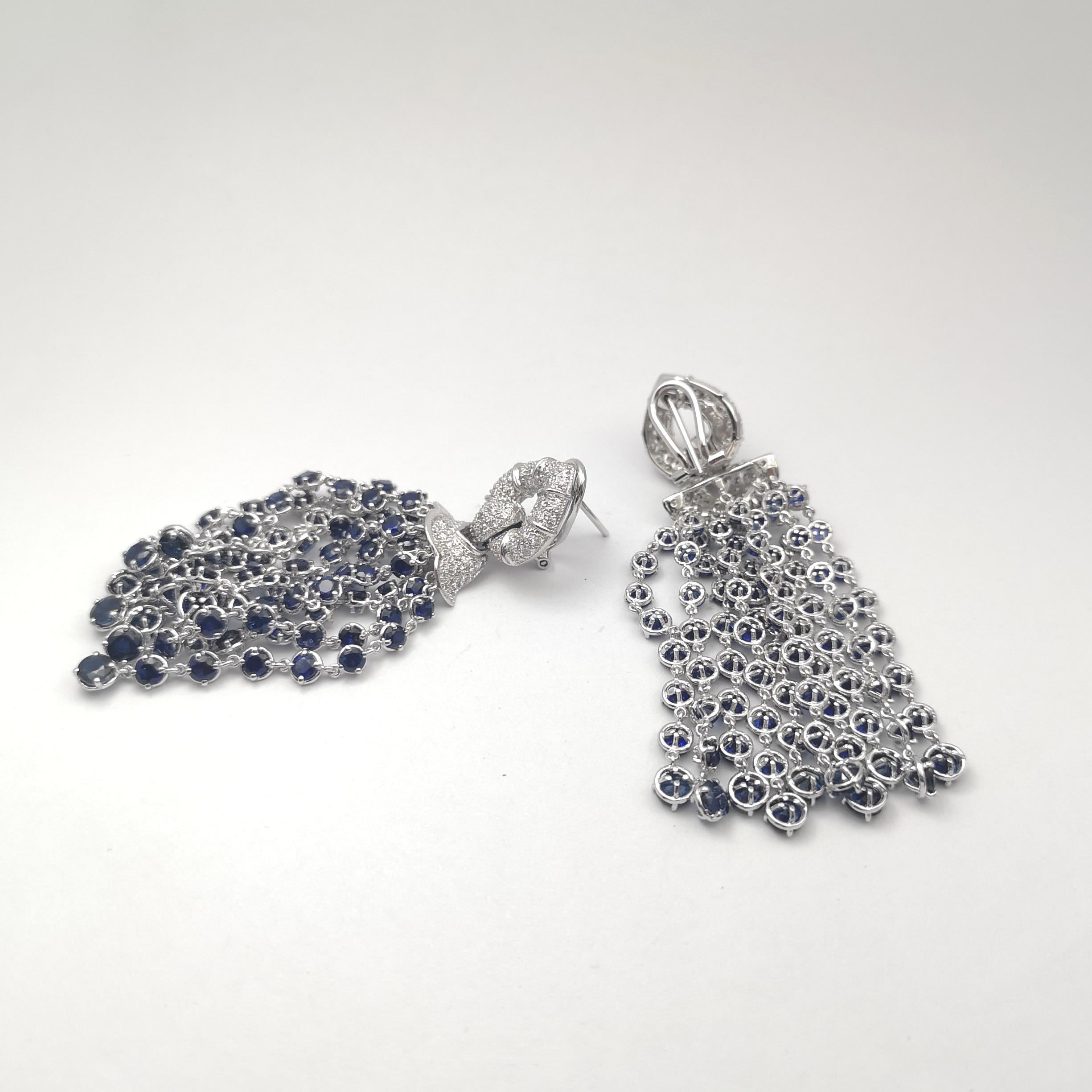 Mixed Cut Blue Sapphire with Diamond Earrings set in 18K White Gold Settings For Sale
