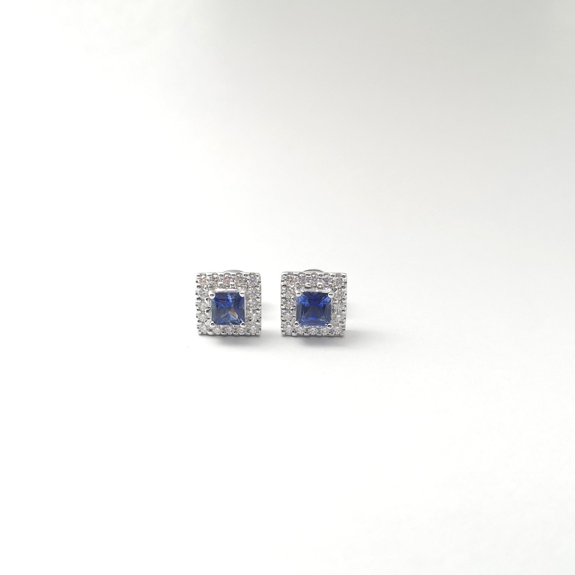 Taglio princess Orecchini con zaffiro blu e diamanti con montatura in oro bianco 18 carati in vendita
