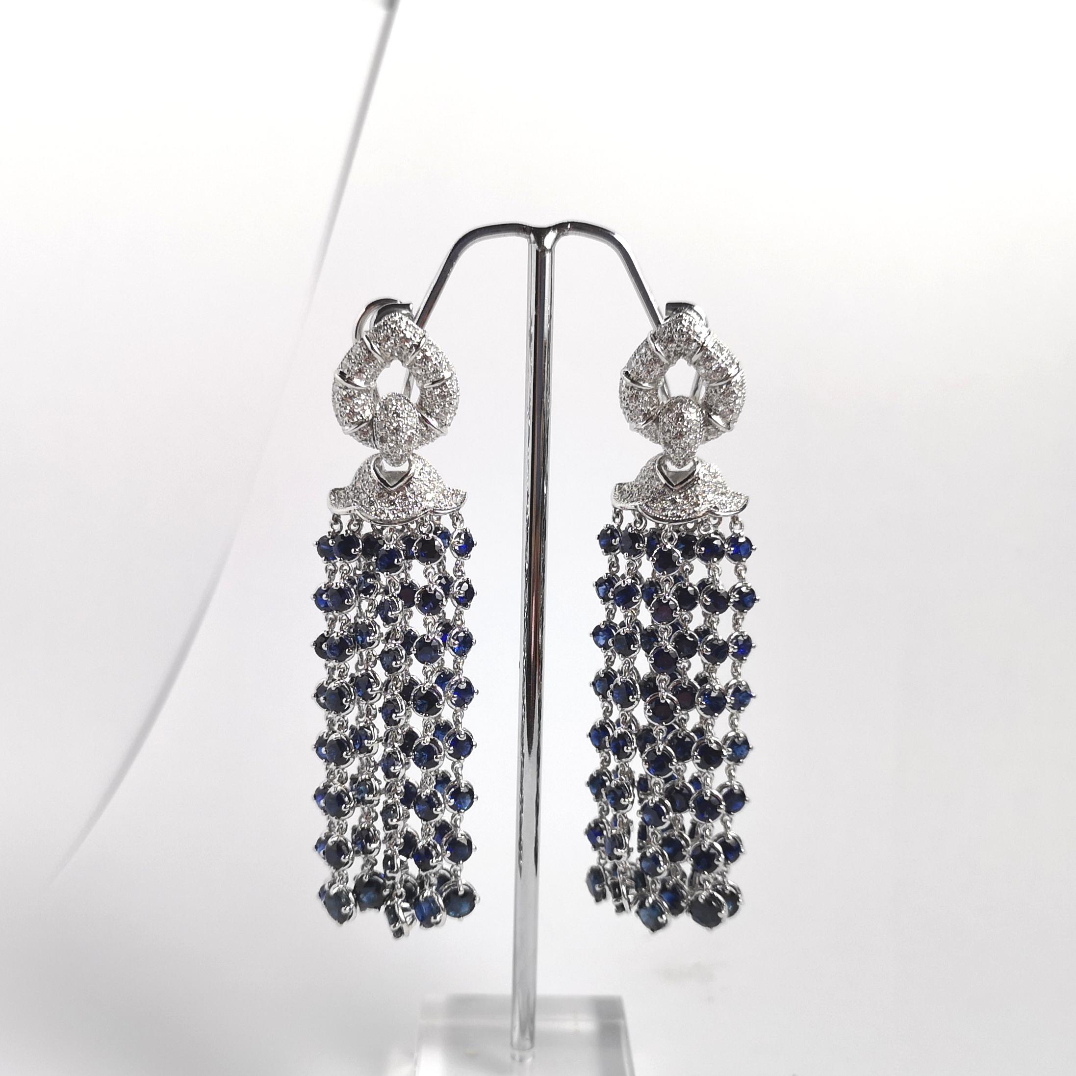 Women's Blue Sapphire with Diamond Earrings set in 18K White Gold Settings For Sale
