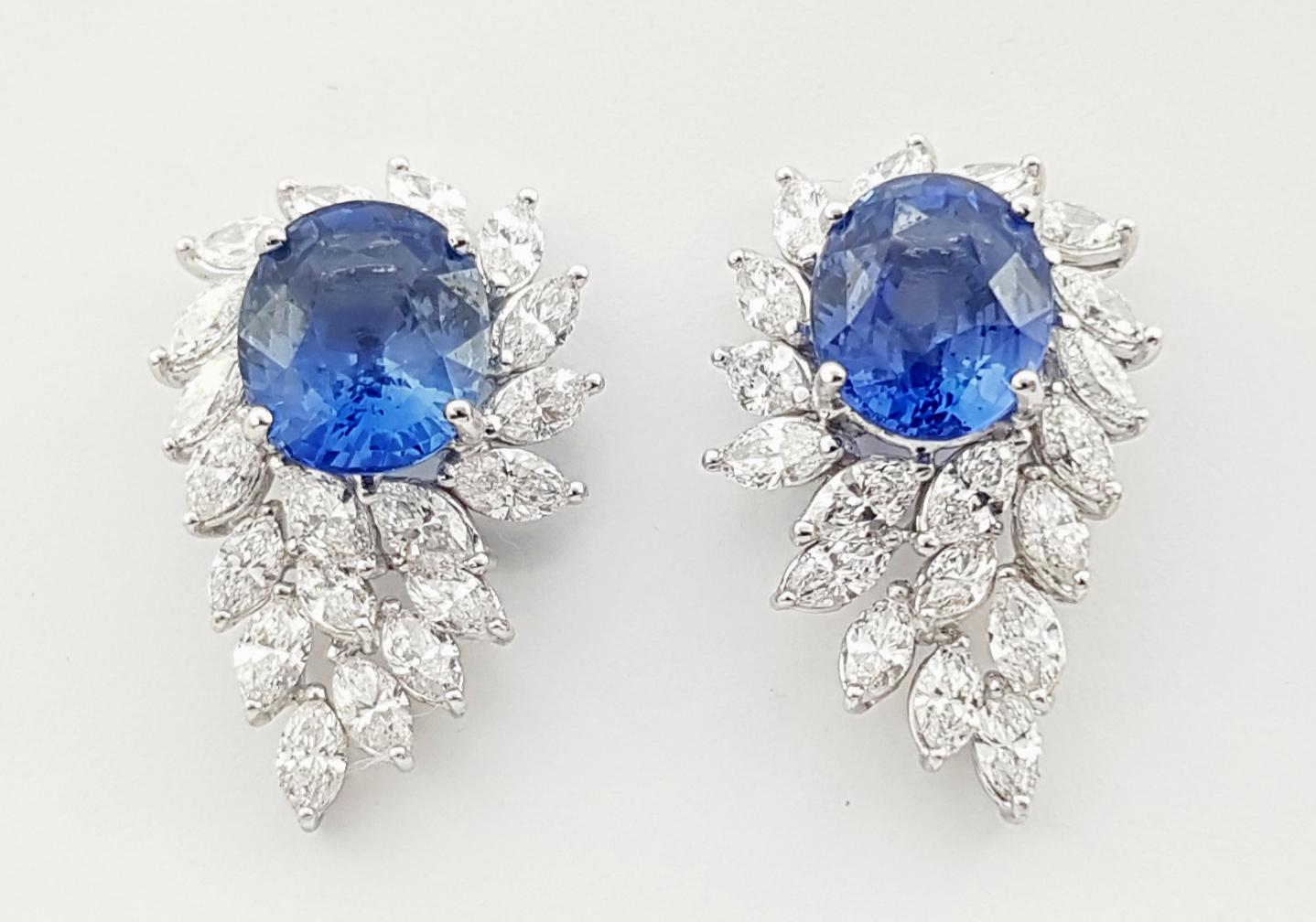 Blue Sapphire with Diamond Earrings set in 18K White Gold Settings For Sale 1