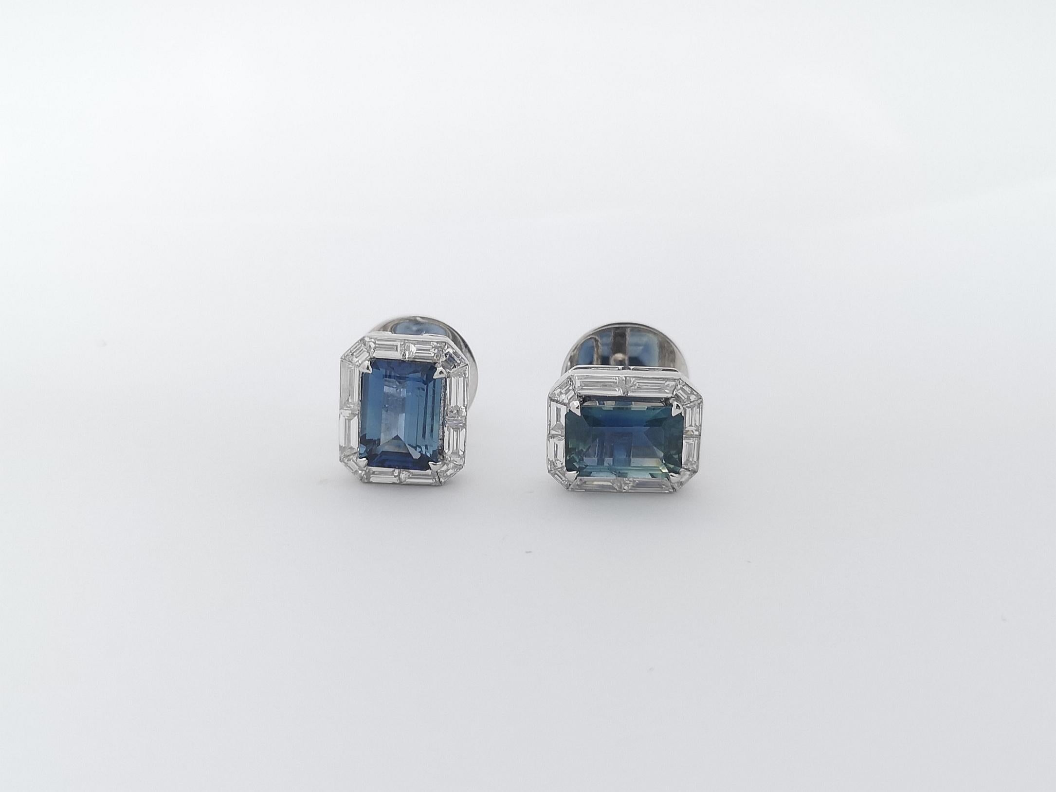 Blue Sapphire with Diamond Earrings set in 18K White Gold Settings For Sale 2