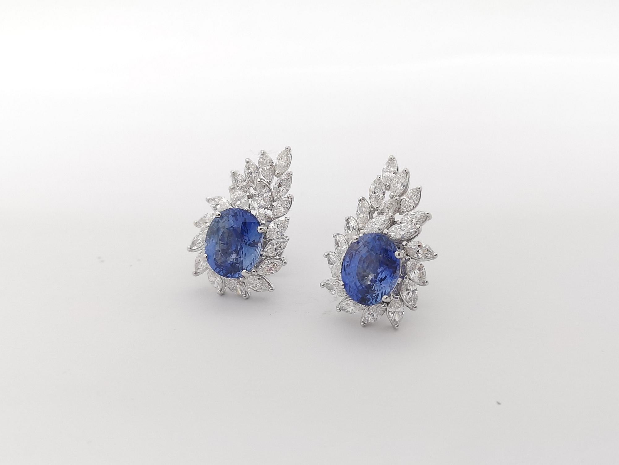 Blue Sapphire with Diamond Earrings set in 18K White Gold Settings For Sale 2